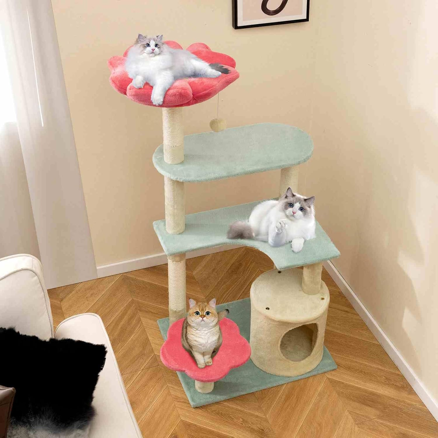 Costway 123 Cm Tall Cat Tree, Multi-Level Aesthetic Floral Kitten Tower W/Flower-Shaped Plush Padded Perch, Condo, Sisal Scratching Posts, Dangling Ball, Indoor Cat Climbing Furniture (123 Cm)
