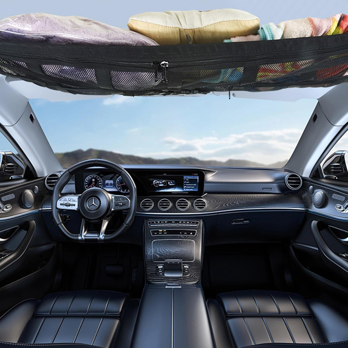 AIMALL Universal Car Ceiling Storage Net, Polyester Roof Cargo Mesh Bag, 35.4 X 25.6 Inches, Black, Ideal for Campervans and Car Organization