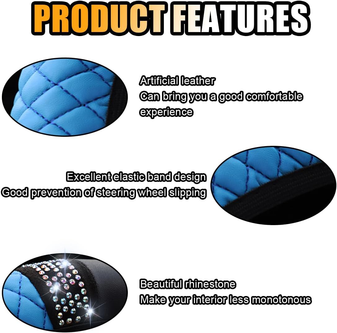 Bling Soft Leather Steering Wheel Cover, 15 Inch Colorful Rhinestones Auto Elastic Protector with Crystal Diamond for Women Girls, Car Accessories for Most Cars, Suvs (Blue) image number 6