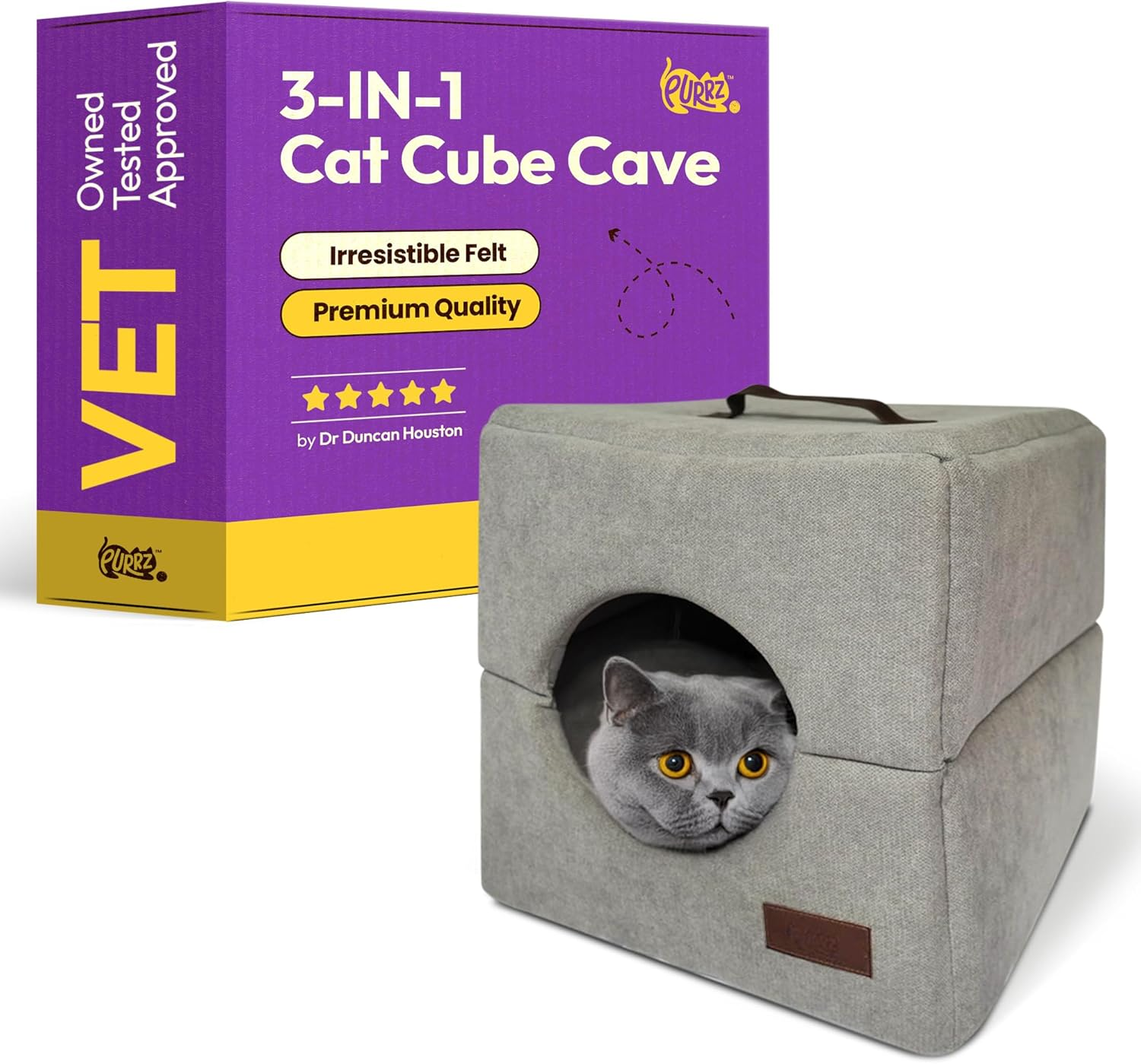 PURRZ Foldable Cat Cube Bed Cave with Leather Handle &ndash; Anti-Stain, Machine Washable Indoor Cat House &ndash; Soft Enclosed Cat Bed for Kittens & Adult Cats &ndash; Modern Grey Hideaway, Portable & Durable