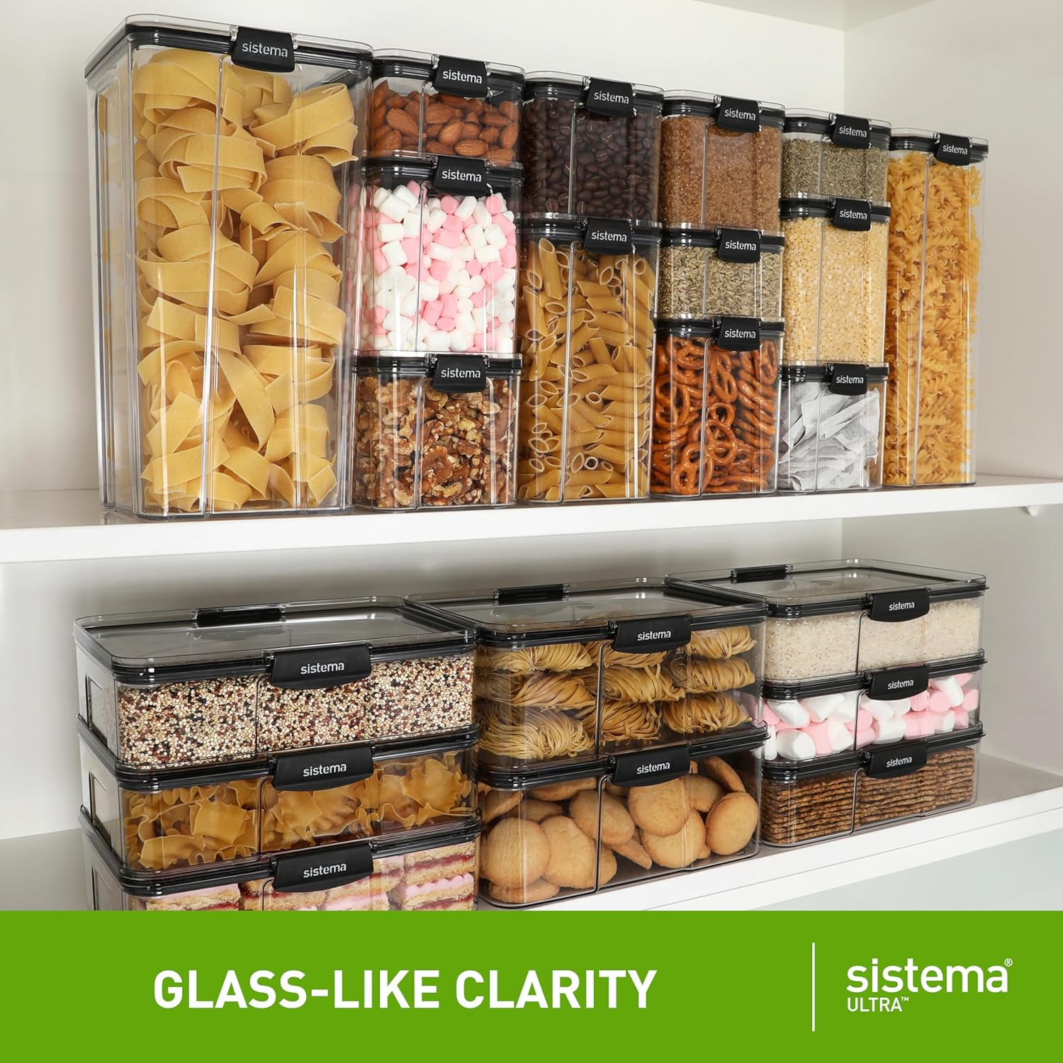Sistema Ultra 1.73L Rectangle Food Storage Container | Stackable | Airtight Pantry Storage Container with Locking Clips | BPA & Phalate Free | Clear with Black Accents image number 3