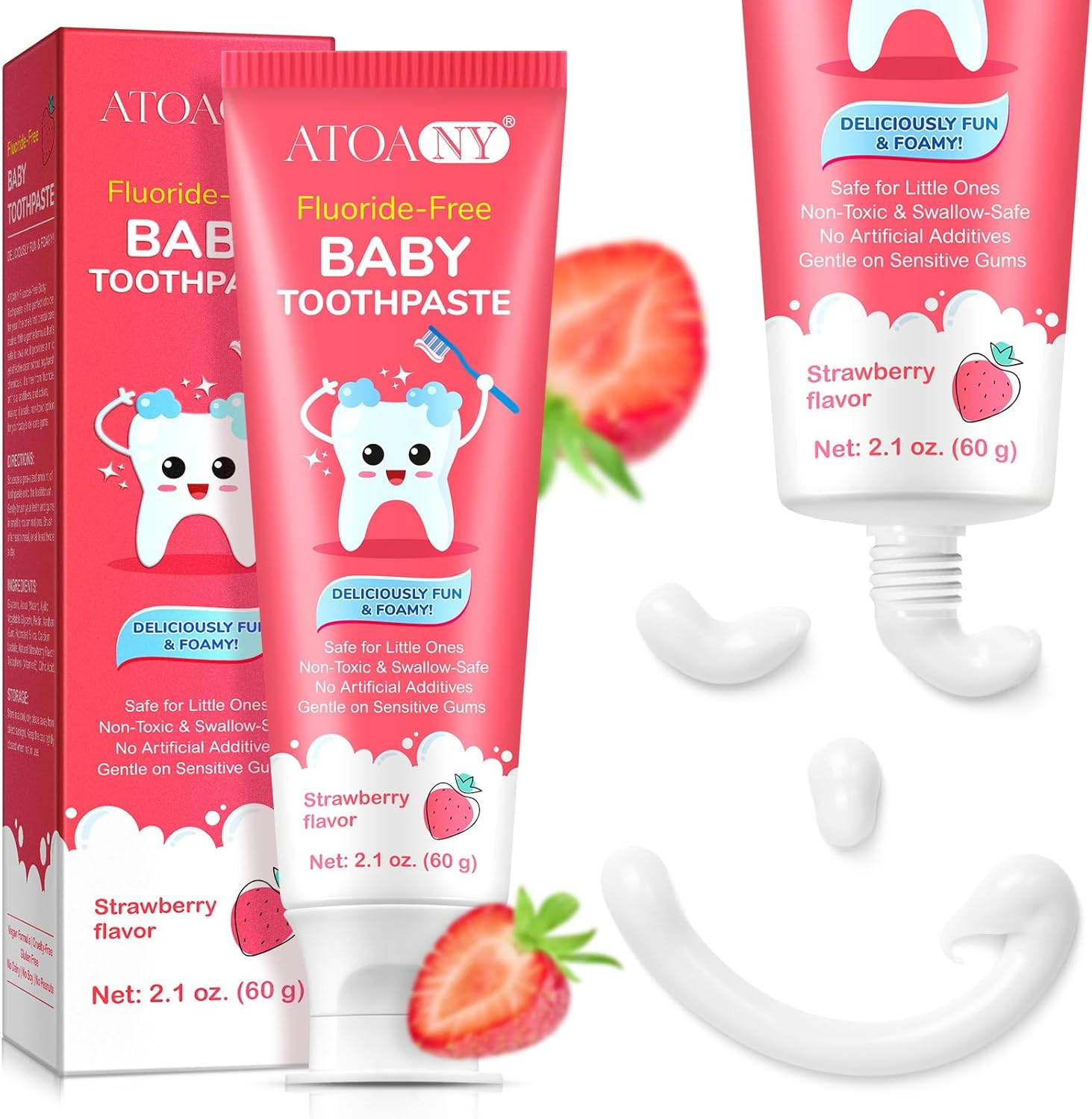 Mild Fruit Flavour Kids Toothpaste 2.1Oz, Fluoride-Free Baby Teethpaste, Natural Children'S Toothpaste, No Artificial Additives, Safe for Ages 2 and up (Strawberry Flavour 60G) image number 1
