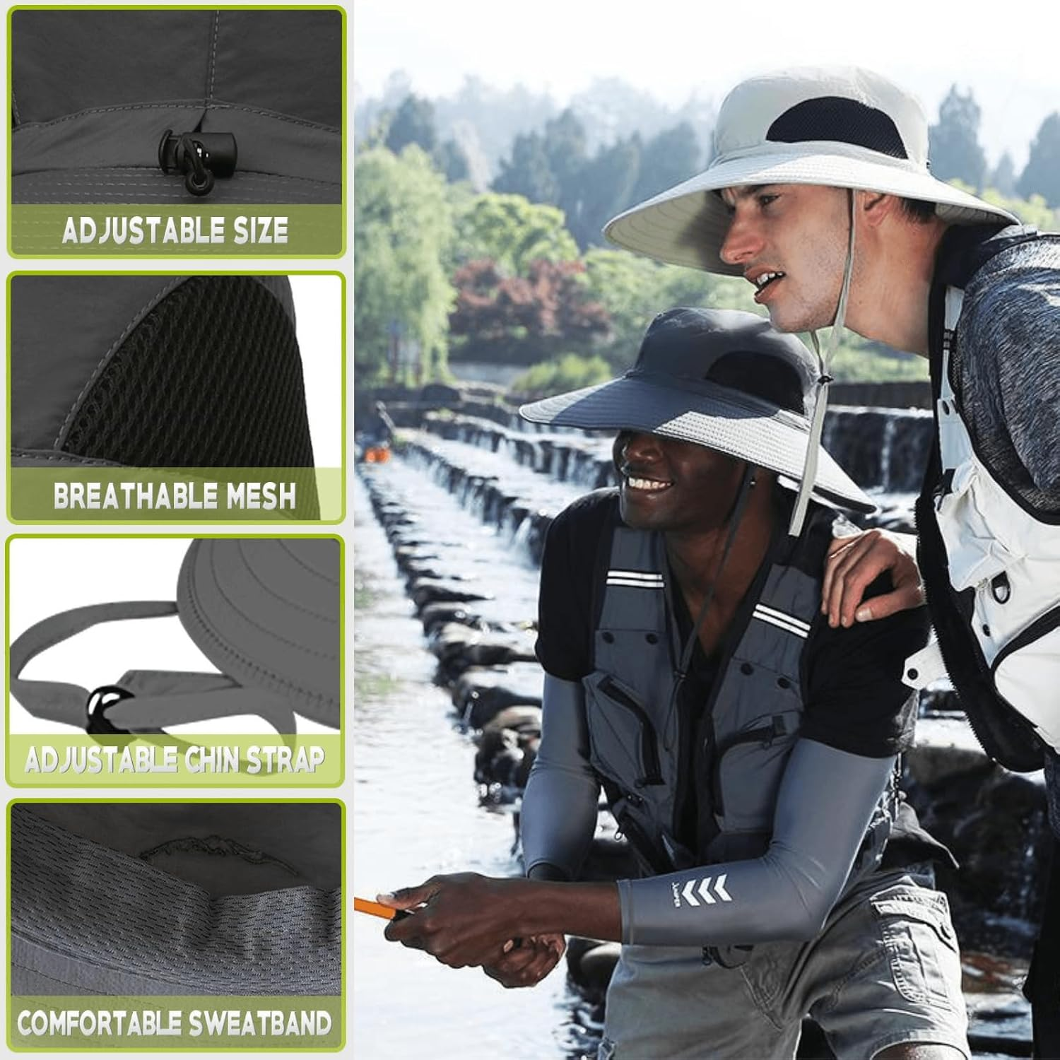 Wind Resistance Wide Brim Bucket Hat UPF 50 UV Protection, Outdoor Fishing Hats with Chin Strap for Men & Women, Smart Sun Cover for Farming, Camping, Hiking, Golf, and Summer Gear - Army Green image number 3