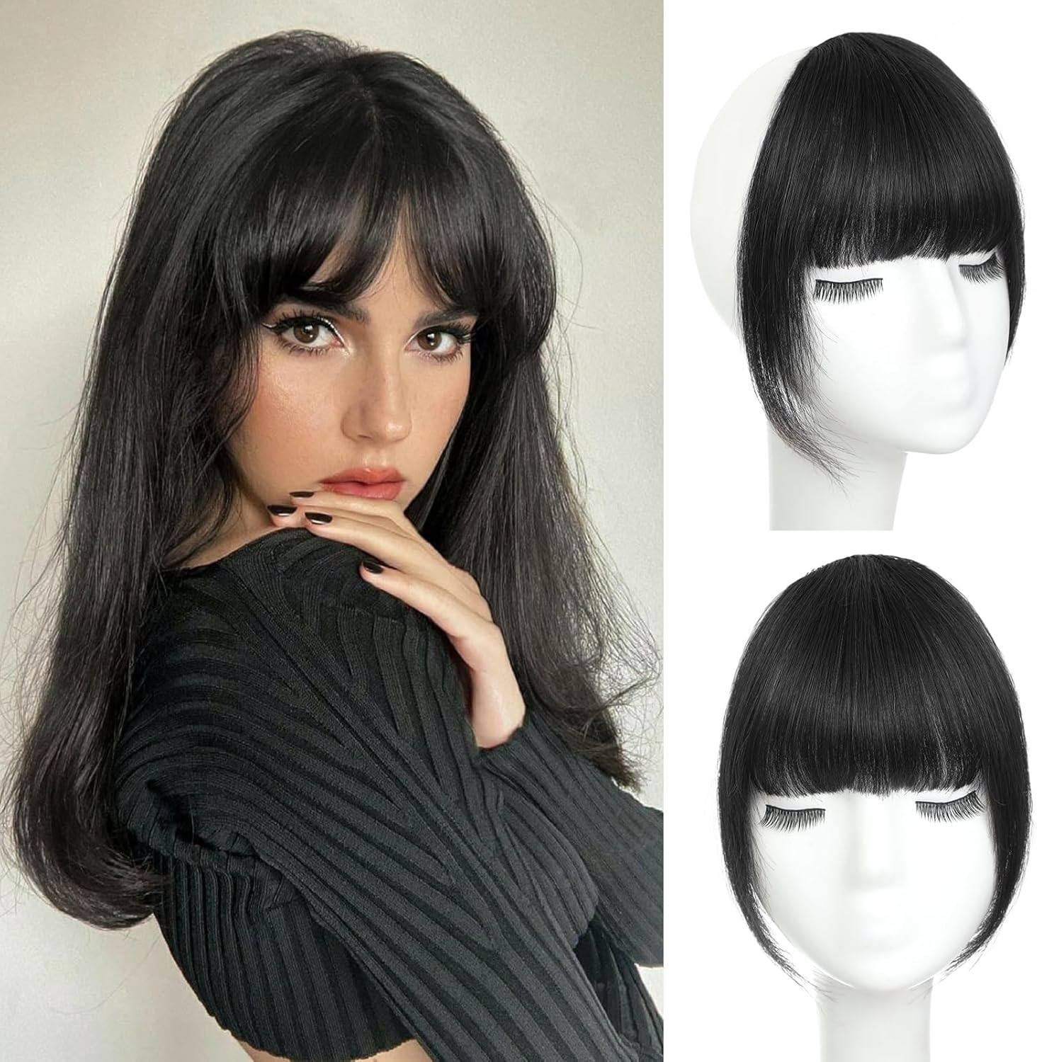 Clip in Bangs 100% Real Human Hair Black French Bangs Fringe with Temples Thick Curtain Bangs Clip on Bangs Curved Fake Bangs Hairpieces for Women for Daily Wear image number 2