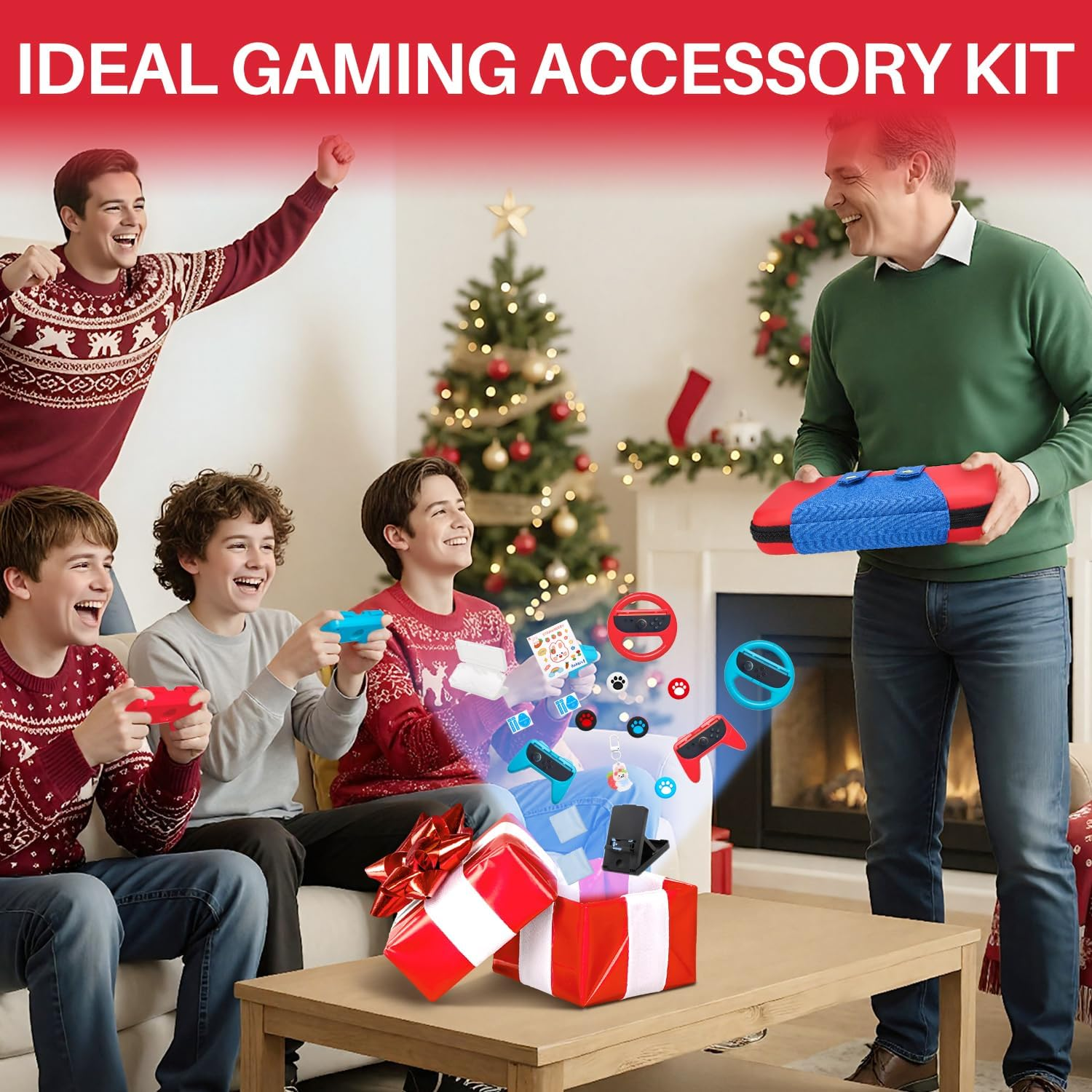 WOTOW Switch 2 Accessories Bundle Kit for Nintendo, Protective Carrying Case with Screen Protectors, Steering Wheels, Grips for Joy-Con2 and Console Protective Shells (Red + Blue) image number 2