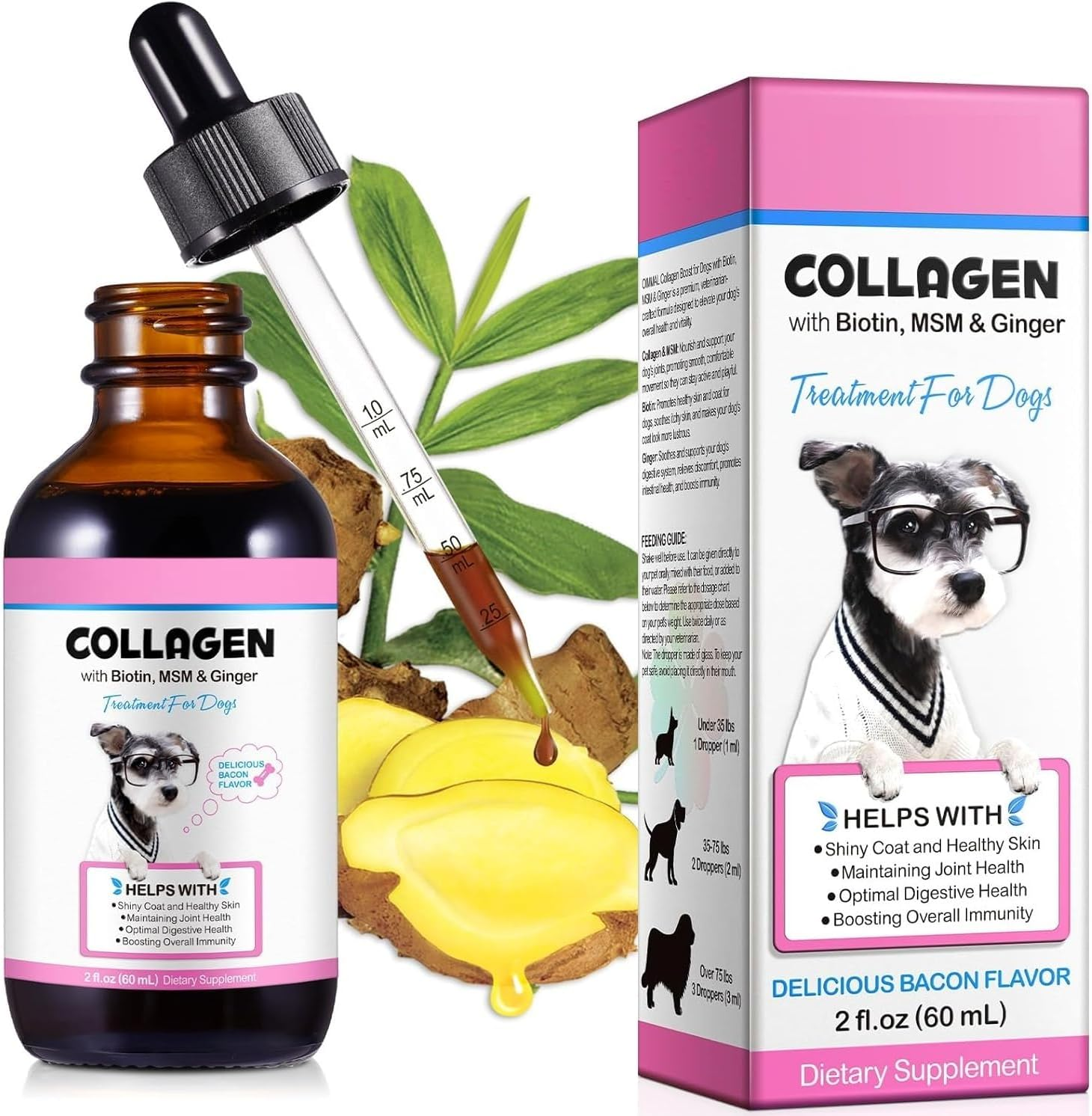 Collagen for Dogs - Itch Relief Allergies - Skin Coat Joint Health - Collagen Biotin MSM Ginger Vitamin C - Digestive & Immunity Support - Supplement with Bacon Flavor, 60Ml image number 5