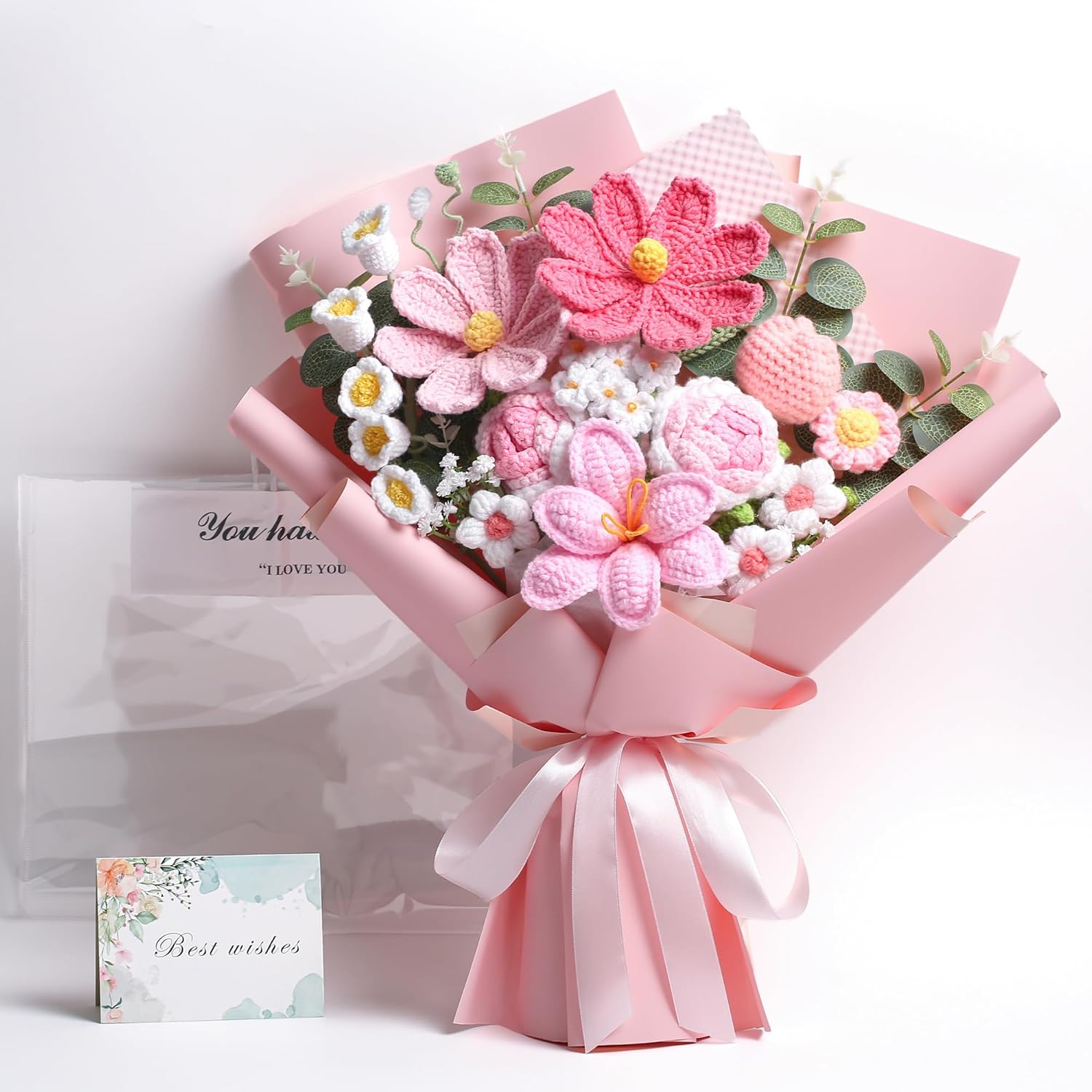 Ezsenses Crochet Flowers Bouquet - Hand Knitted Rose Crochet Flower Bouquet for Home Decor, Weddings, Birthdays, Mother'S Day - Includes Gift Bag and Greeting Card, Faux Crochet