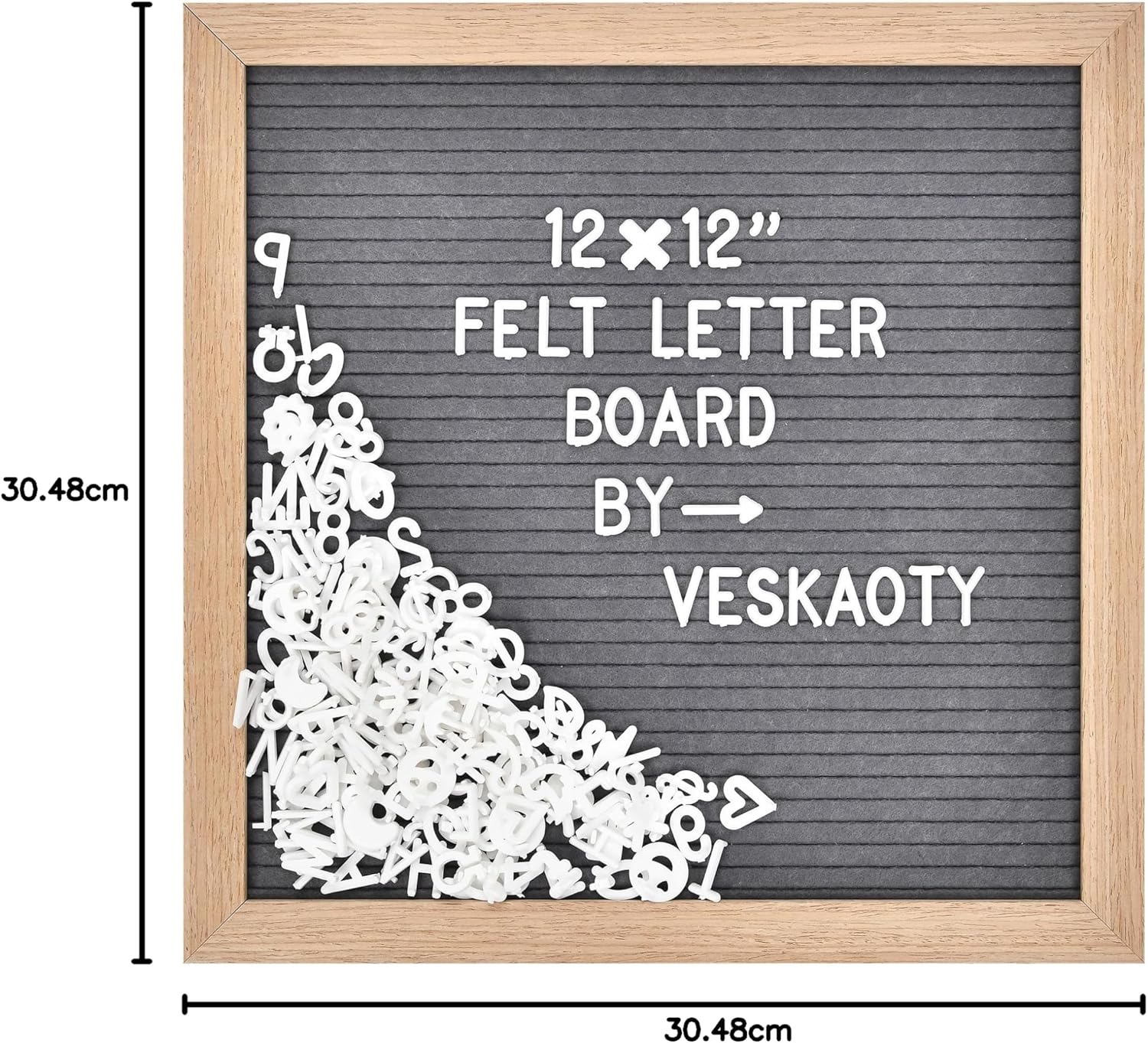 Veskaoty Felt Letter Board with 460 Letters, Numbers & Symbols - 12 X 12 Inch Changeable Message Board with Wooden Frame Wall Mount Hook, (Gray Board & Wood Frame), (PL-GW-12B)