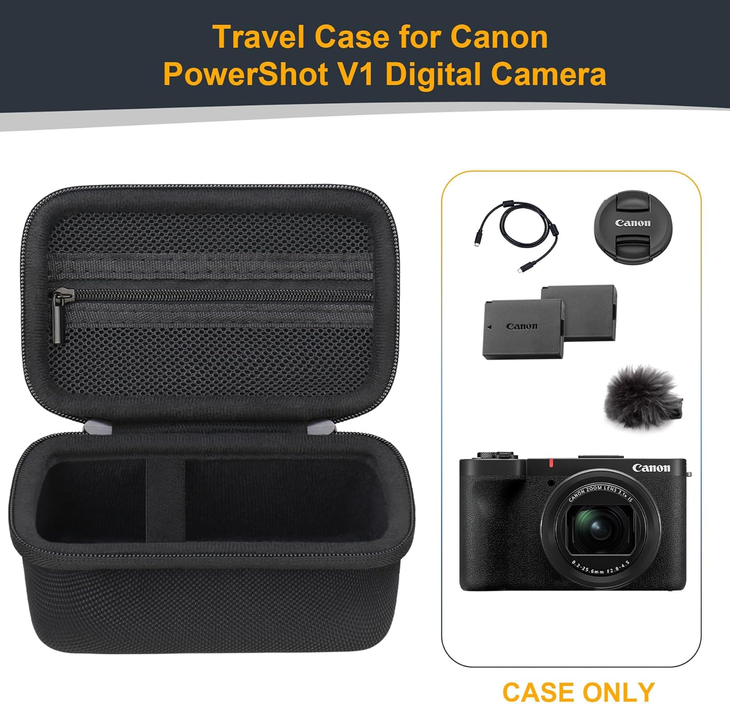 RAIALL Camera Case for Canon Powershot V1 Digital Camera, Powershot V1 Vlogging Camera Travel Hard Bag, Protective Storage Cover Holder for Batteries, SD Card, Cable and Memory Card Reader, Black