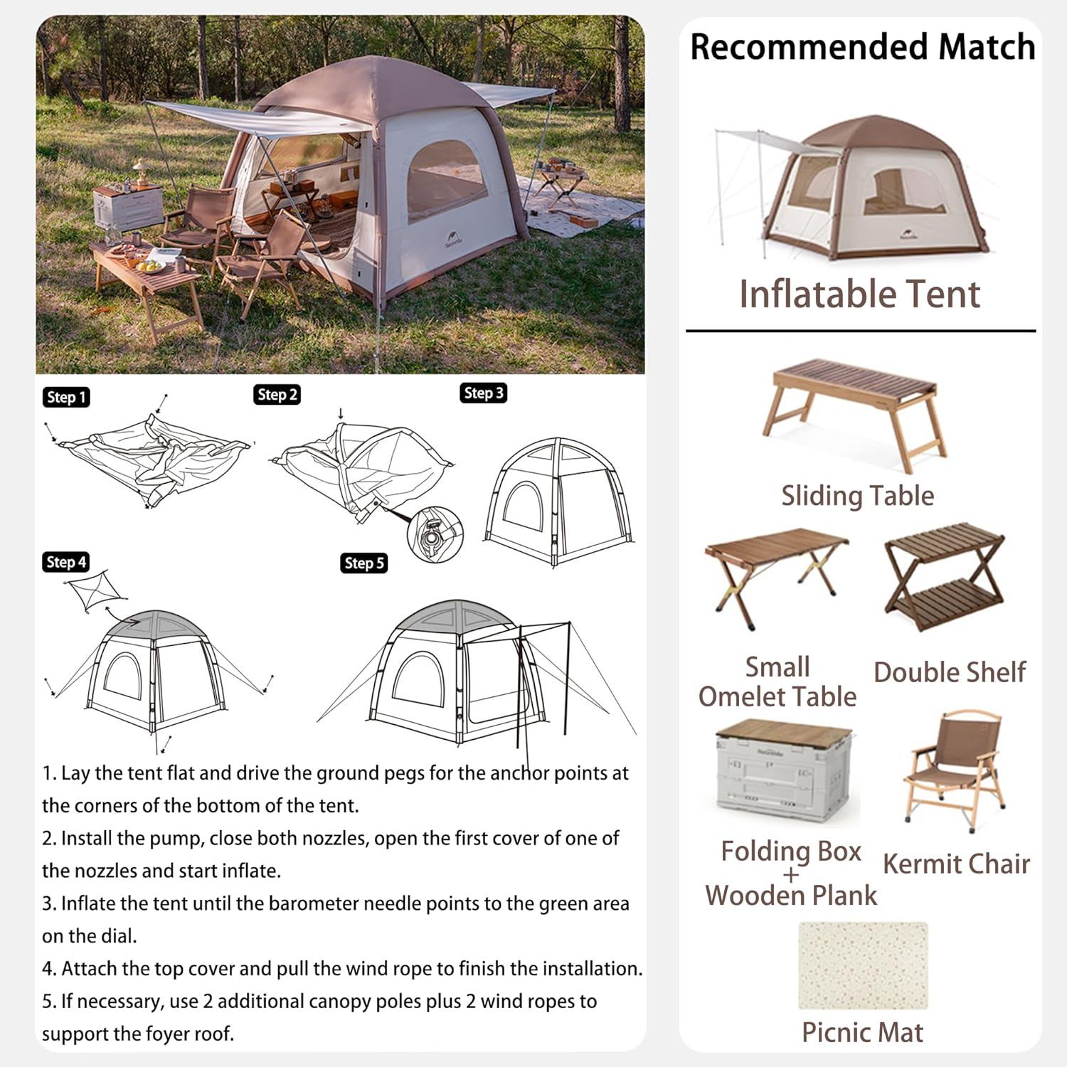 Naturehike Portable Air Inflatable Tent with Hand Pump,1 Min Setup,Upf50+,1.65M High Canopy Tent,With Two Large Awning Vestibules,Family,5-Sided Ventilation