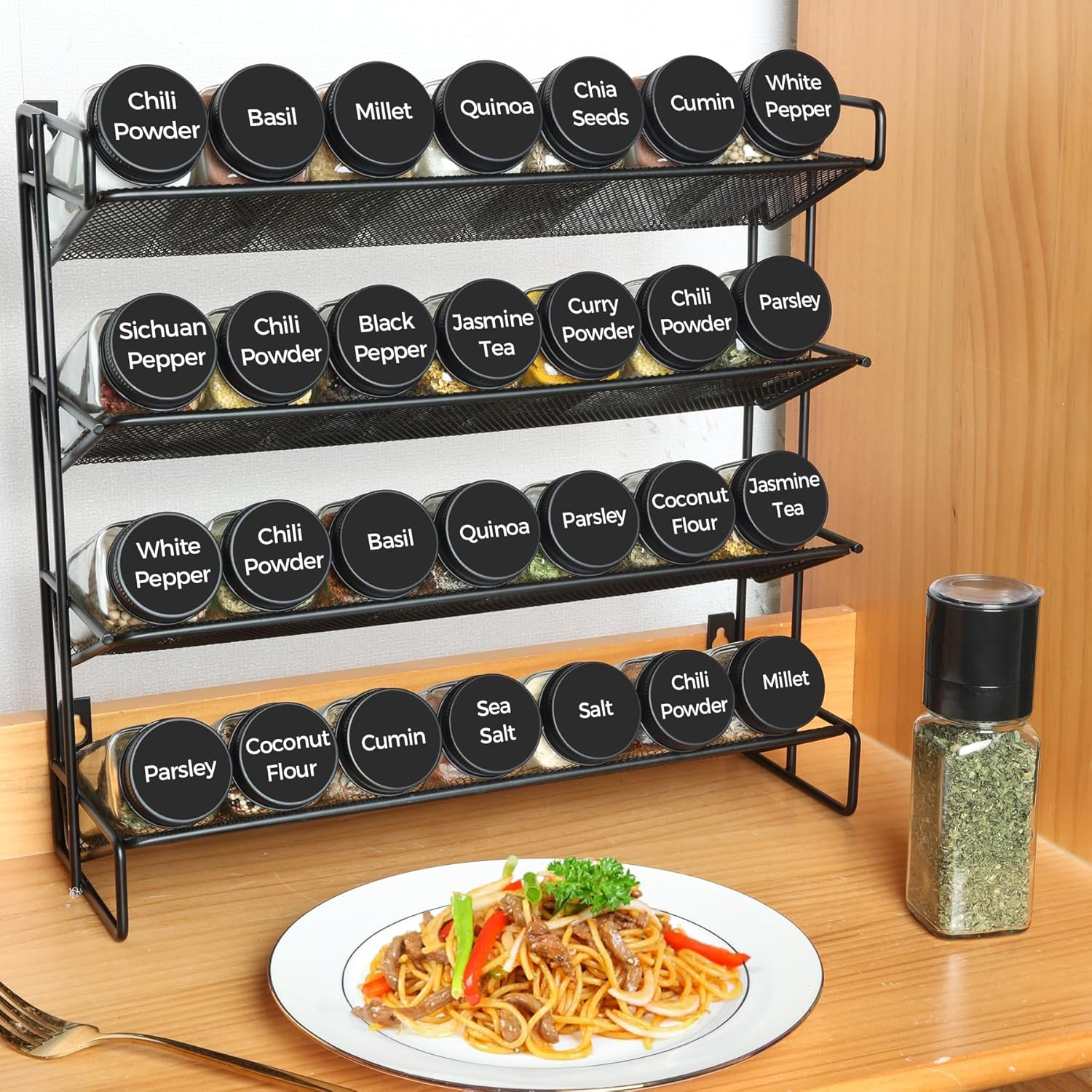 Comsaf 24Pcs 4Oz Spice Jars with Metal Lids, Square Glass Spice Containers with 93 Labels, Seasoning Shaker with Collapsible Funnel Pepper Grinder, Empty Spice Bottles for Kitchen Drawers Cabinet image number 6