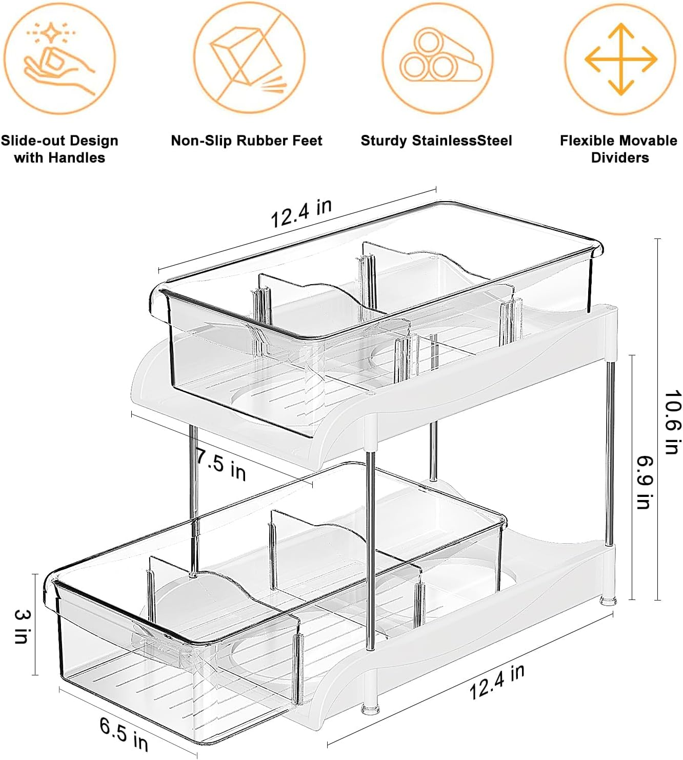 2-Tier Clear under Sink Organizers and Storage, Pull Out Cabinet Organizer for Pantry Organiser, Kitchen Pantry Organization with Movable Divider, Multi-Purpose Bathroom Cabinet Organizer(1 Pack) image number 2