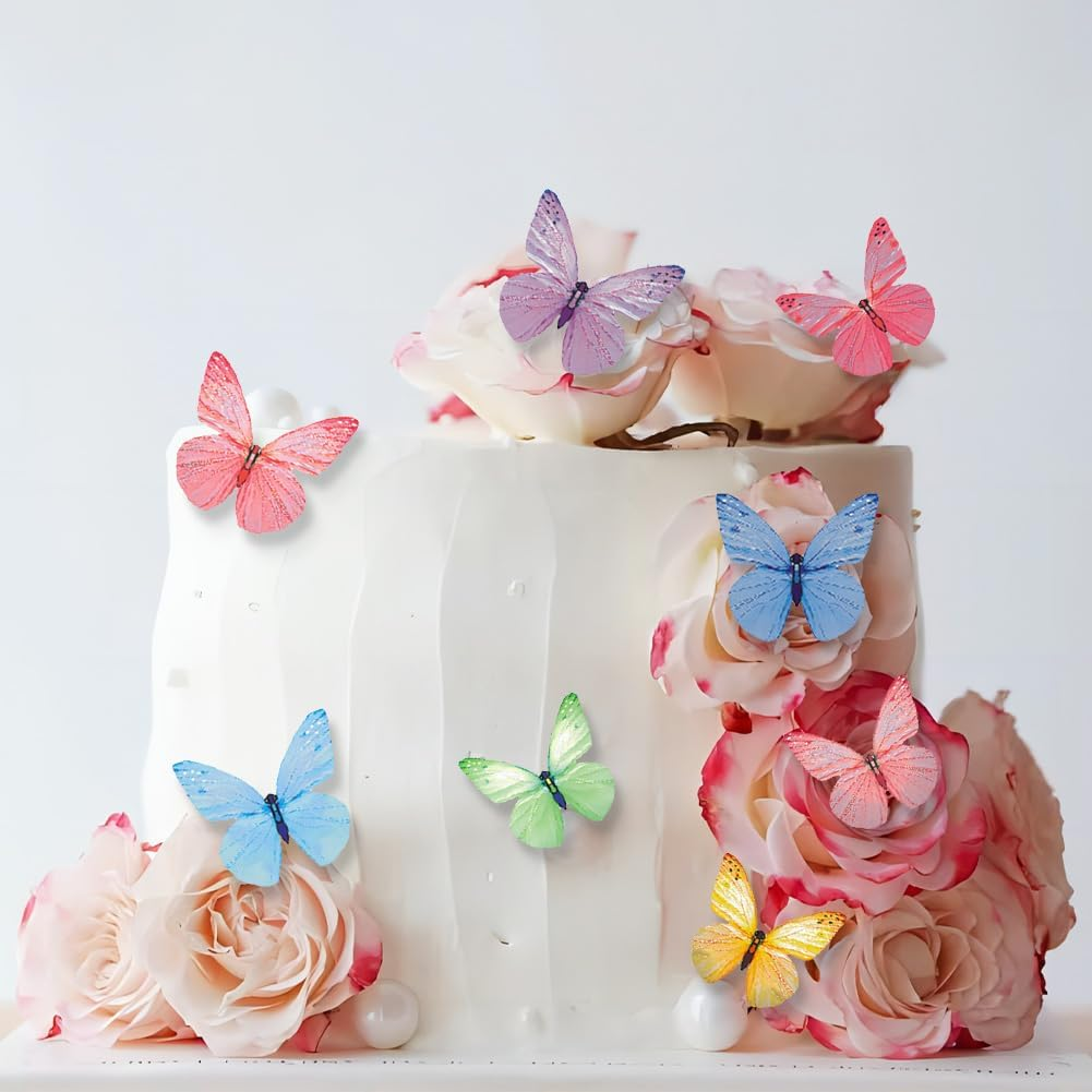 Rstigiker 72Pcs Edible Cake Decorations Colorful Butterfly Cake Decorations 3D Butterfly Cupcake Toppers for Birthday Baby Shower Party Wedding Cakes Desserts Food Decoration