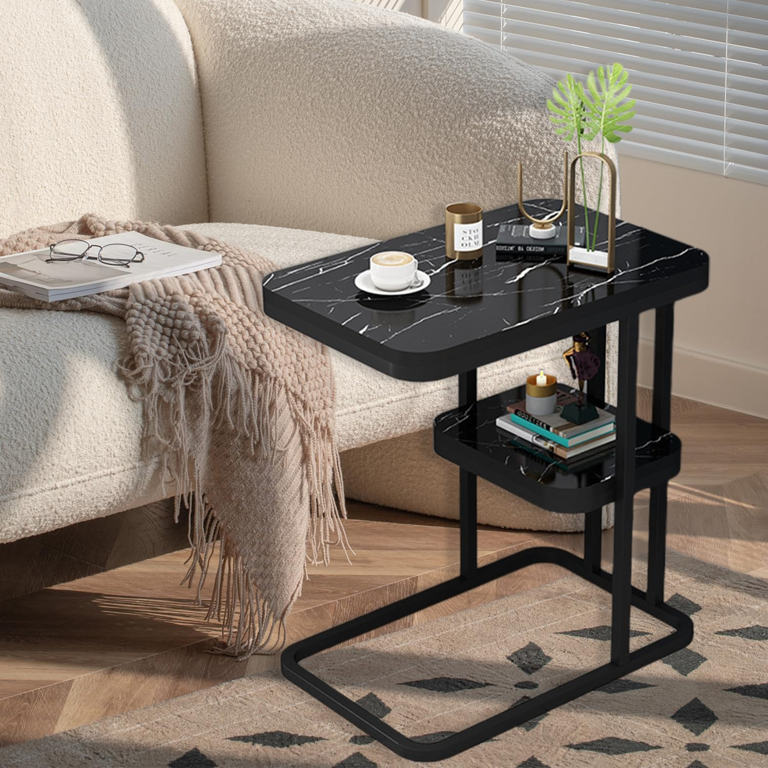 Square Side Table,2-Tier Sturdy C Shaped End with Storage Narrow Side Table for Living Room Bedroom with Metal Frame,Bedside Table Sofa Couch Table for Space Bedroom Metal Nightstand Sofa (Black)