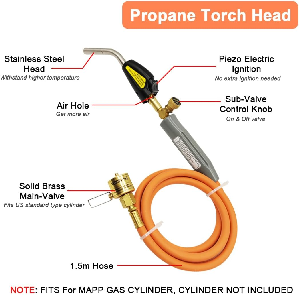 Intendvision Propane Torch Head, Mapp Gas Torch with Trigger Start, Adjustable Flame Knob, 1.5M Hose, Soldering Brazing Welding BBQ Torch Fuel by Propane Mapp Map Pro Gas (Includes Cylinder Clip) image number 3