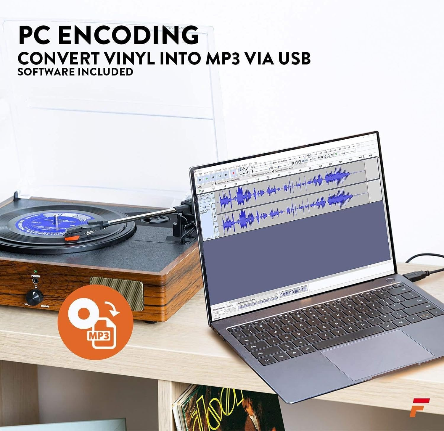 Fenton RP106W Record Player with Built-In Speakers, Vinyl to MP3 USB Conversion, Ceramic Cartridge, Wood image number 3