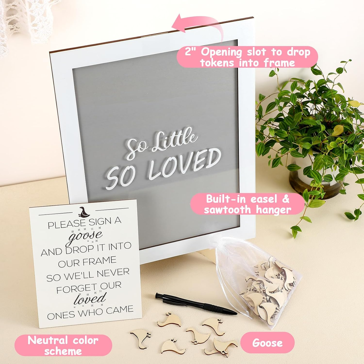 Chunful so Little so Loved Wooden Goose Token Frame, 1 Goose Baby Shower Frame Guestbook, Gender-Neutral Pregnancy Keepsake with 65 Signature Tokens and Pen, Gray and White image number 2