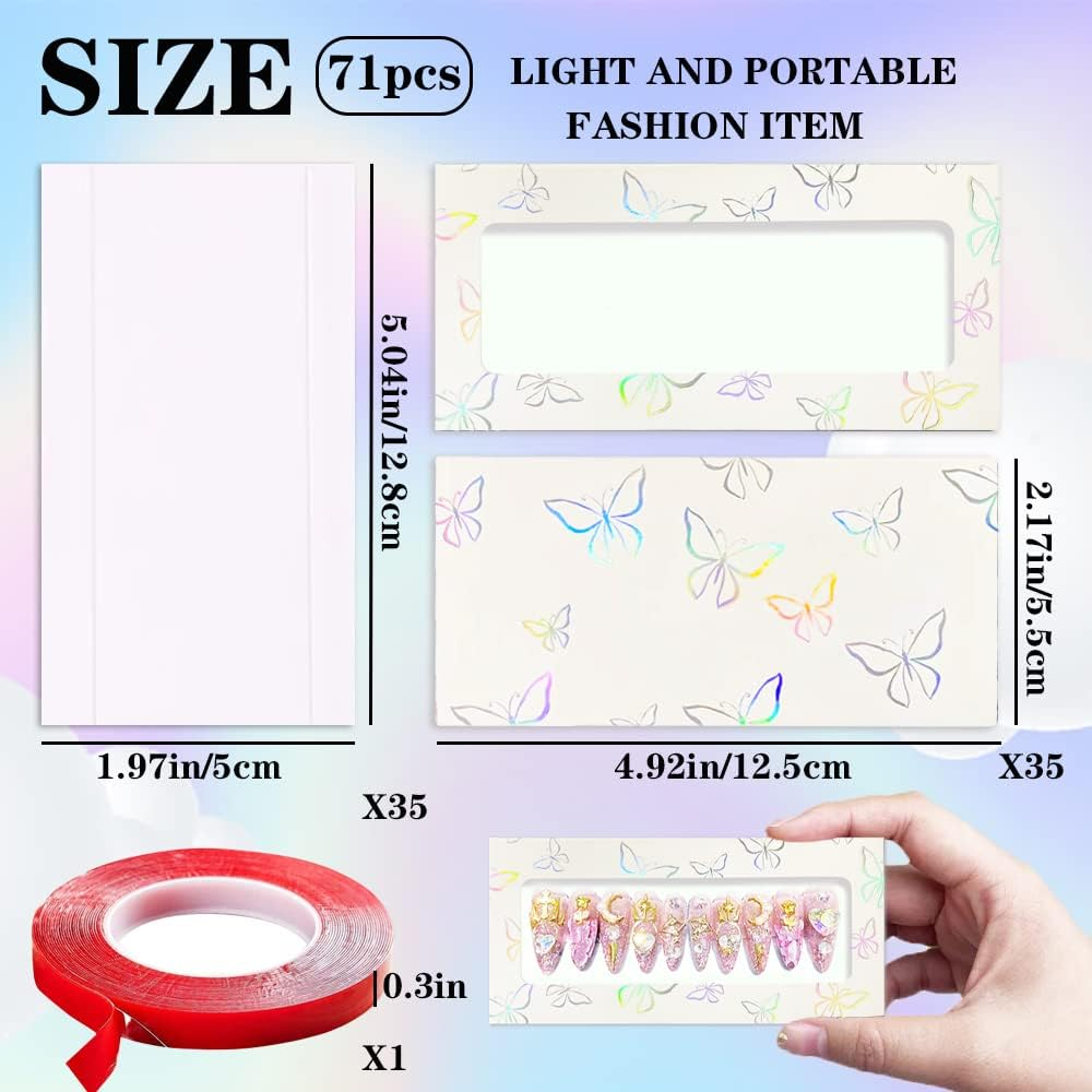 HLQHXWHZT 71 Pcs Empty Press on Nails Packaging Box 35 Pcs White Background Papers and 1 Double Sided Tape, Empty Nail Package Box Set for Press on Nail Business (White)&hellip; - Black Square image number 2