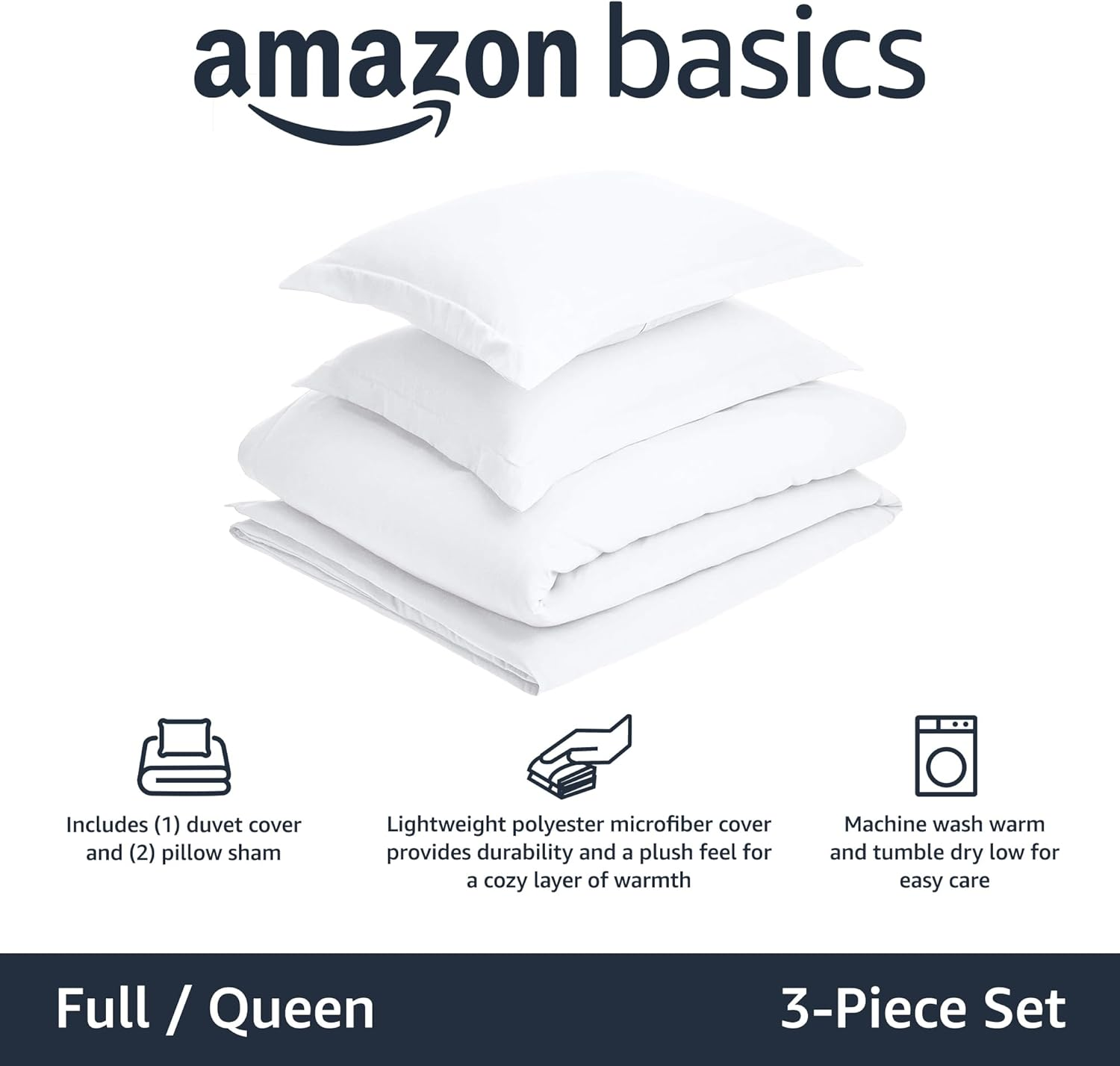 Amazon Basics Lightweight Microfiber 3 Piece Duvet Cover Set with Zipper Closure, Full/Queen, Bright White, Solid image number 3