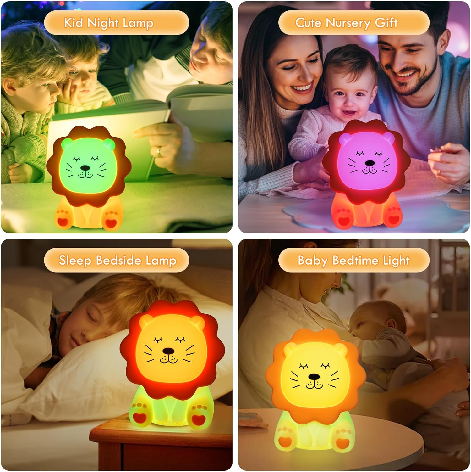 Night Light for Kids, 7 Colors Soft Silicone Kids Night Light with 3 Level Dimmable, Rechargeable Anti-Glare Nursery Night Light with Warm White & Multicolor, Squishy Cute Lion Bedside Touch Lamp image number 1