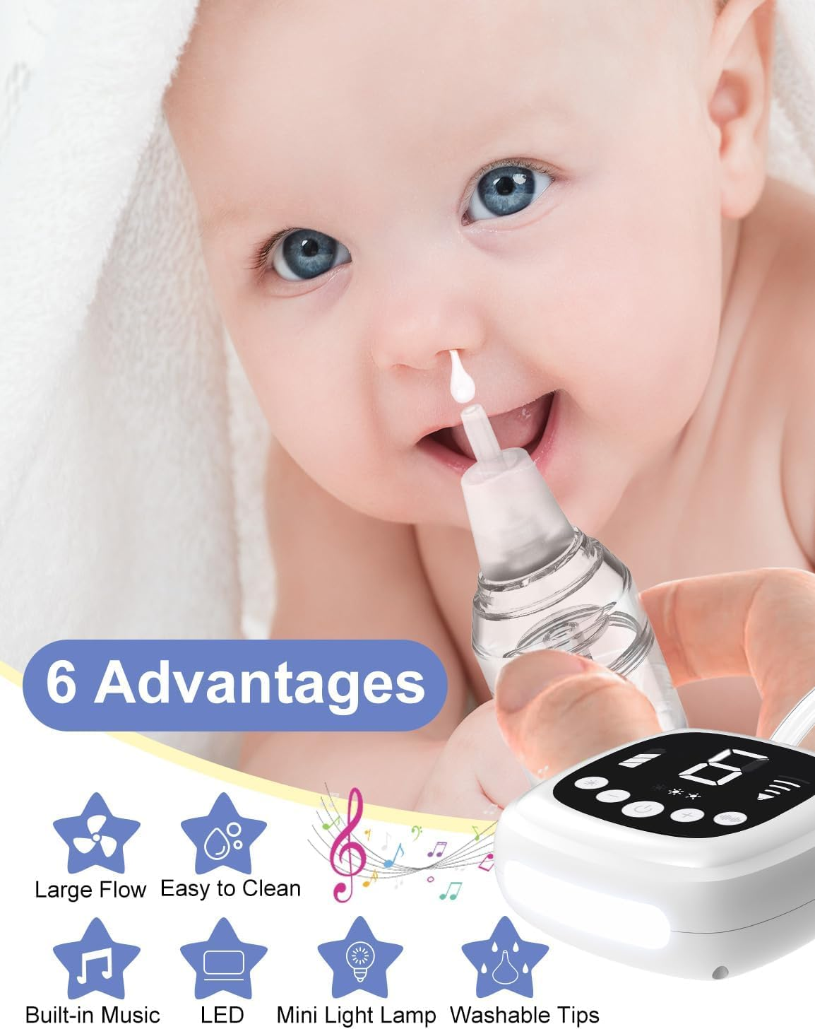 Koeay Nasal Aspirator for Baby, 9 Levels Suction Hospital Grade Baby Nose Sucker, 5 Food-Grade Silicone Tips Electric Nose Aspirator with Night Light and Nursery Rhyme Soothing Function for Toddlers image number 4
