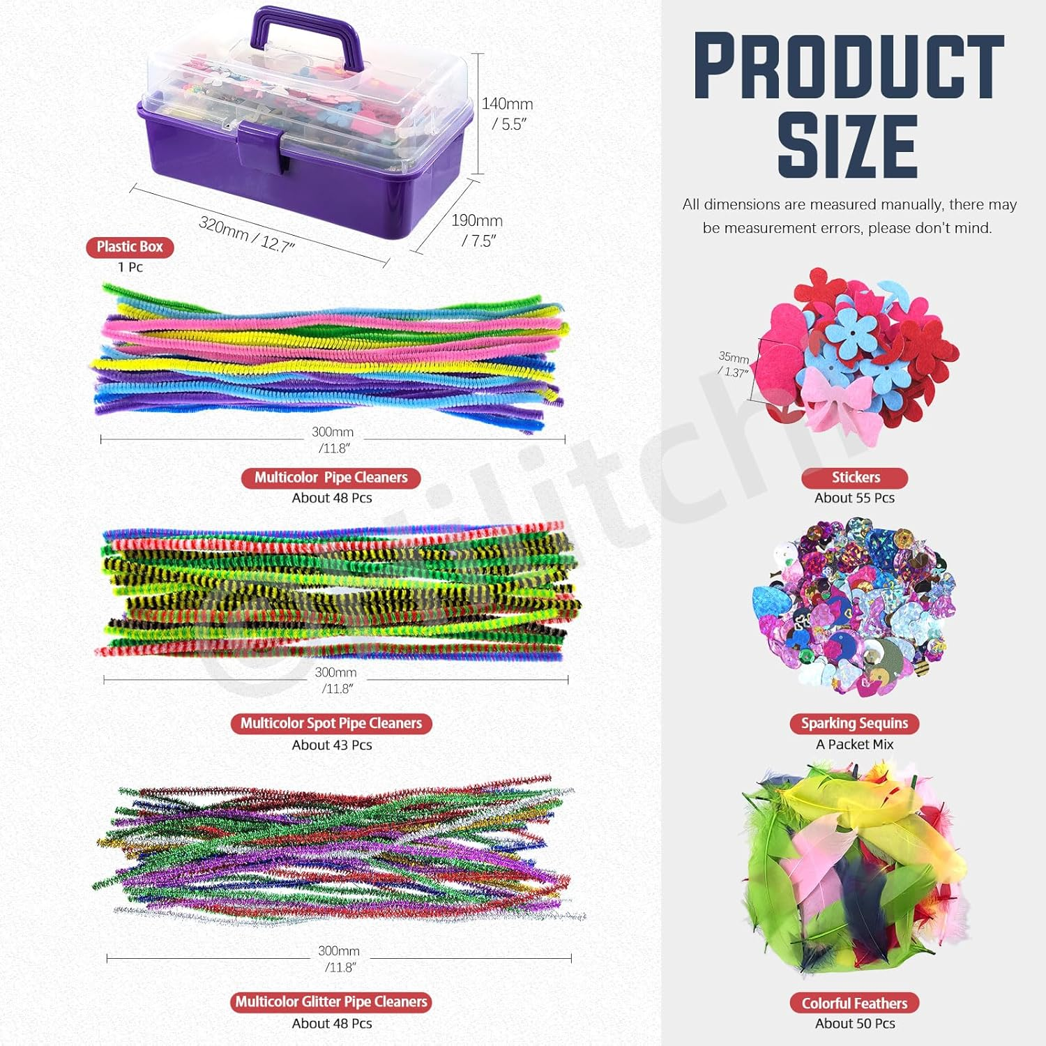 Hilitchi 814Pcs Art and Craft Supplies of Integrated DIY Process Set Includes Pipe Cleaners, Feather, Stick, Sparking Sequin, Folding Storage Box for DIY Art Craft image number 5
