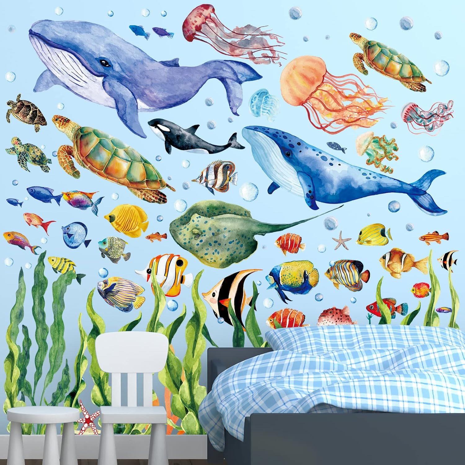 Glow in the Dark under the Sea Wall Decals Glowing Ocean World Themed Wall Stickers Sea Turtle Seaweed Jellyfish Removable Wall Decor for Bathroom Bedroom Nursery Toddler Kids Boys Girls Room image number 3