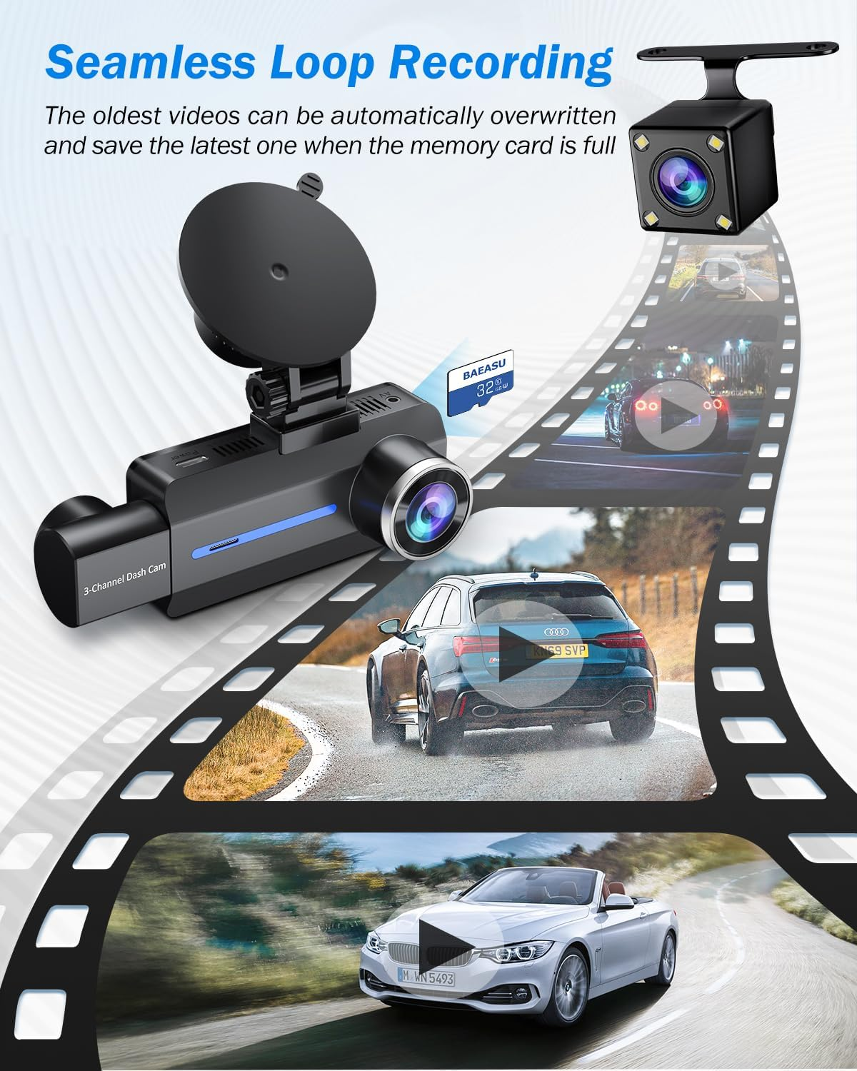 3 Channel 2.5K Dash Cam, 1440P Dash Cam Front and Rear Inside, Dash Camera for Cars, Triple Car Camera with 32GB Card, G-Sensor, 24Hr Parking, 170&deg;Wide Angle, Loop Recording, IR Night Vision, Blue image number 3