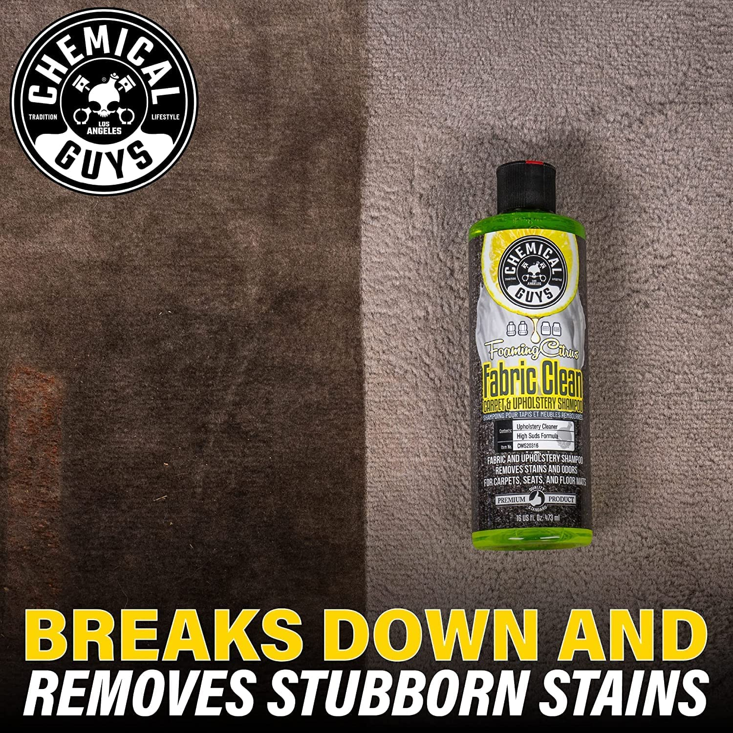 Chemical Guys Foaming Citrus Fabric Clean Kit, 473Ml &ndash; Carpet & Upholstery Cleaner with Drill Brush &ndash; Removes Stains, Dirt & Odours from Car Seats, Floor Mats & Carpets &ndash; Fresh Citrus Scent image number 5