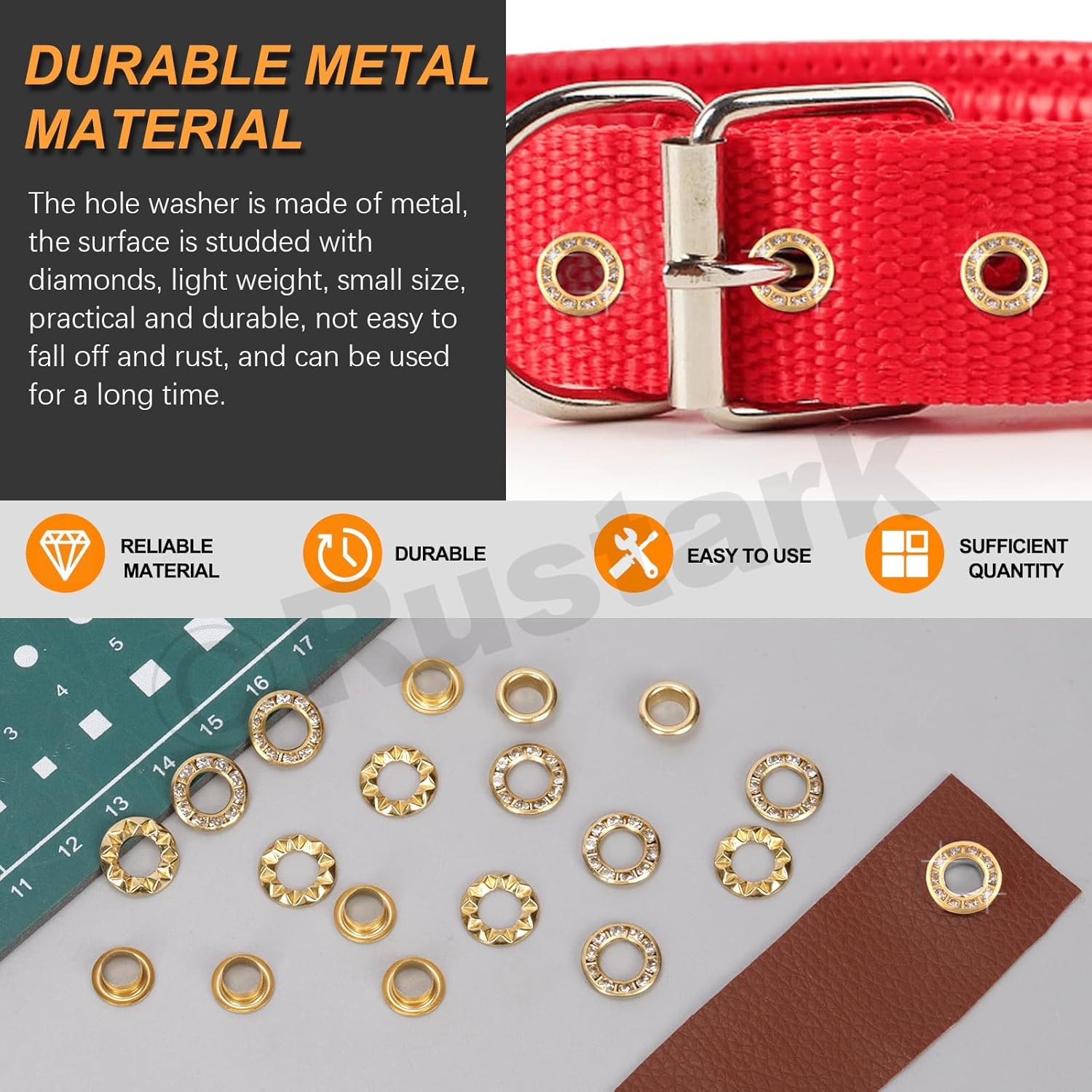 Rustark 100Pcs Gold 1/4 Inch Rhinestone Eyelet Grommet Eyelets and Grommets with Sparkling Design Metal Eyelet with Washer Hole Punch Shiny Rhinestone Boot Eyelet for Clothing Crafts DIY Projects