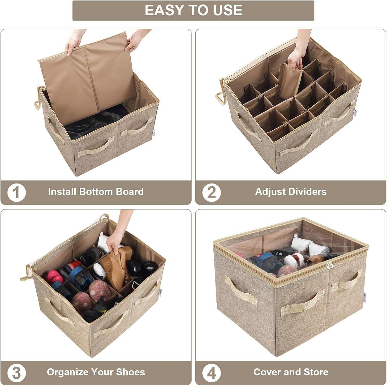 Moteph Shoe Organizer Closet Storage Solution with Clear Cover & Adjustable Dividers for Shoes, Handbags, Blankets, Linen, Clothing (Medium - 16 Pairs, Light Brown)