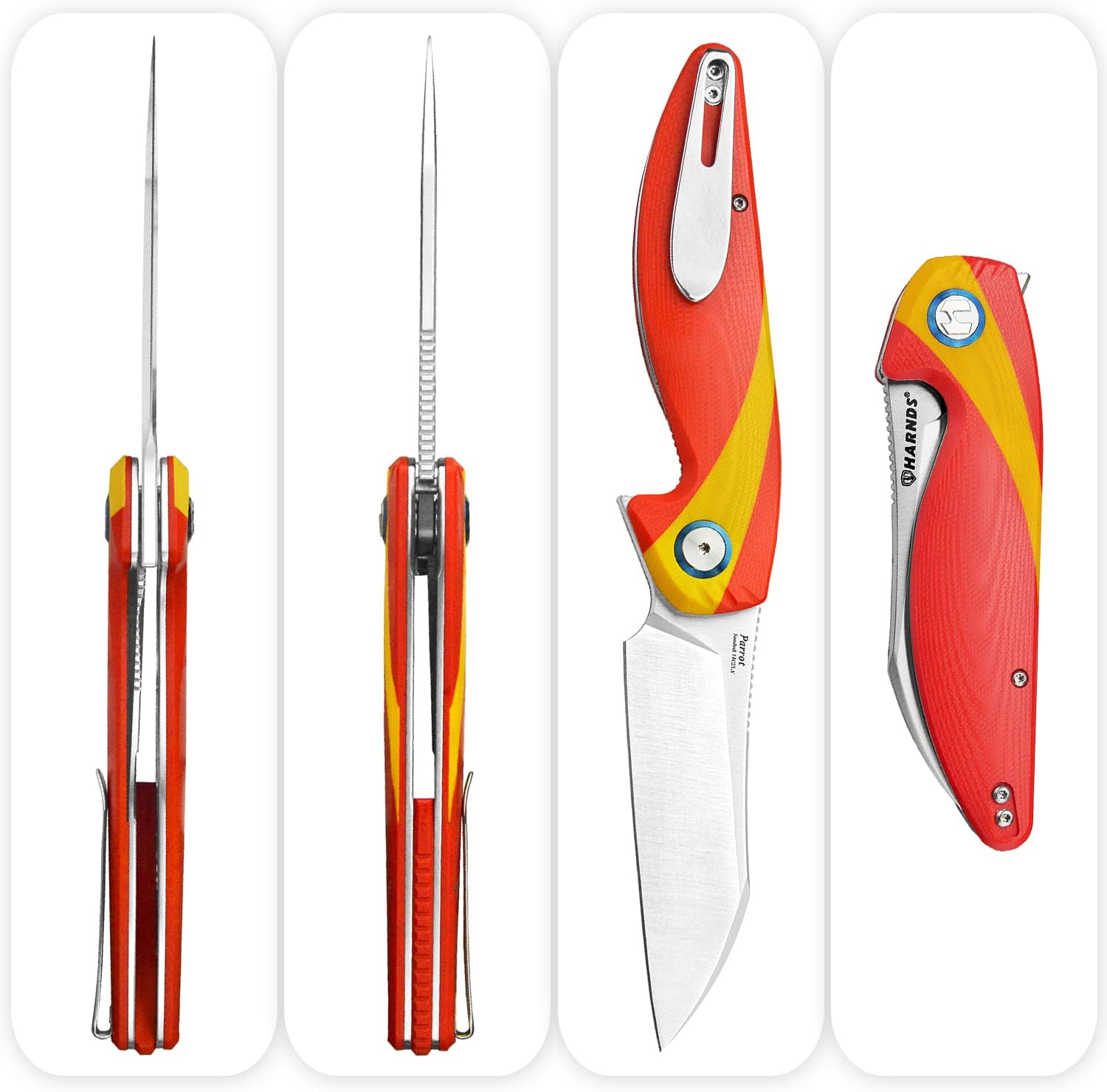 Harnds Parrot Premium Folding Knife with Sandvik 14C28N Blade 3.58" and G10 Handle with Clip, for EDC Outdoor Camping Hunting (Red & Yellow) image number 3