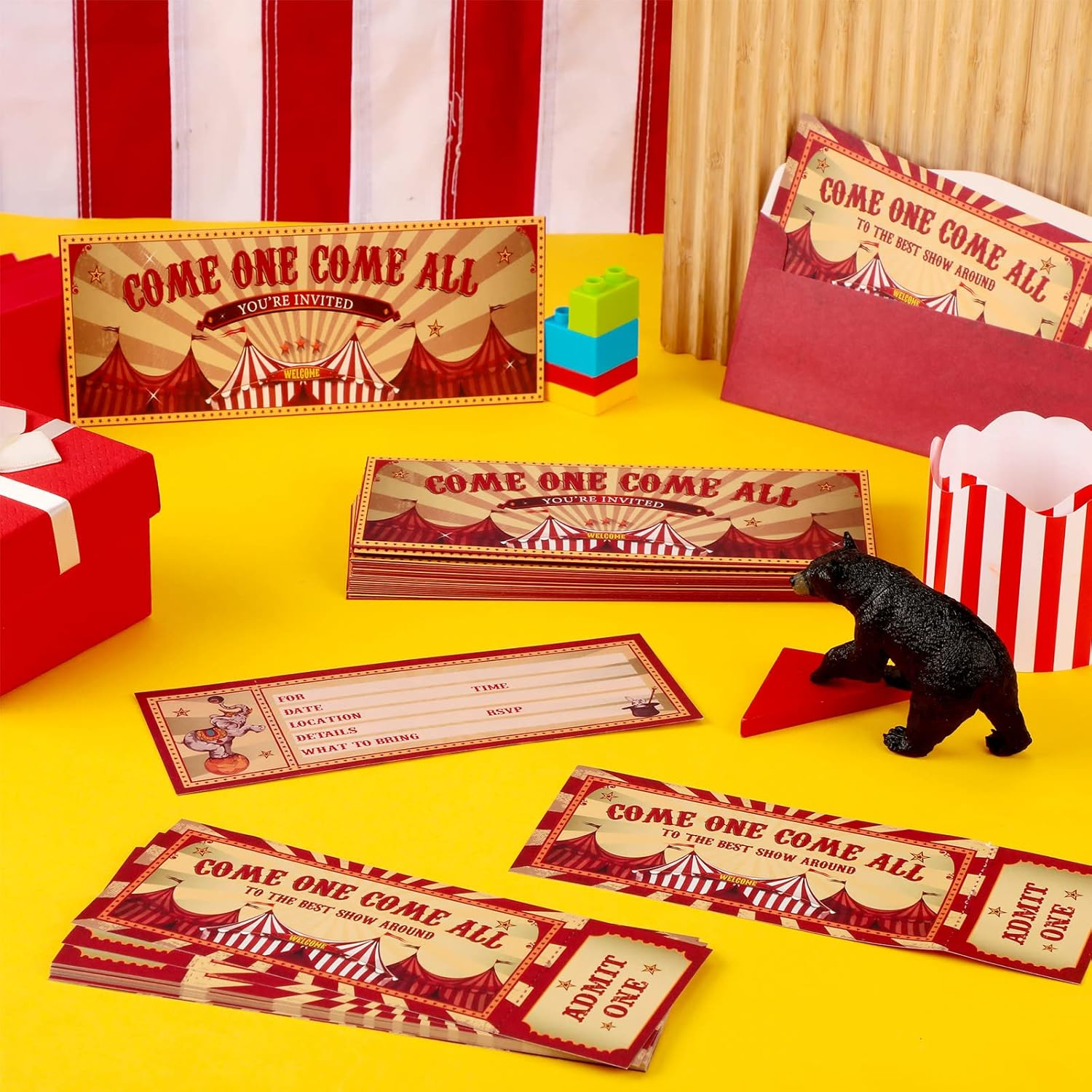 Fuutreo 50 Pcs Circus Invitations with Envelopes Vintage Circus Party Invitations Themed Circus Birthday Invitation Cards Double Sided Party Ticket Invites Cards for Children Circus Party Supplies - Bowling image number 7