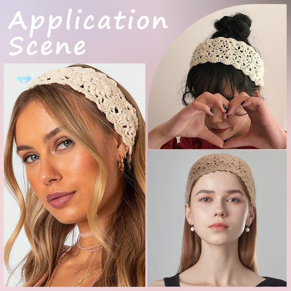 CABODYALS Pack of 3 3 Colours Bandana Headbands Purple Beige Khaki Crochet Boho Hair Scarf Head Wrap Vintage Lace Hollow Polyester Headscarves for Women Bridal Wedding Party Styling Dress Accessories