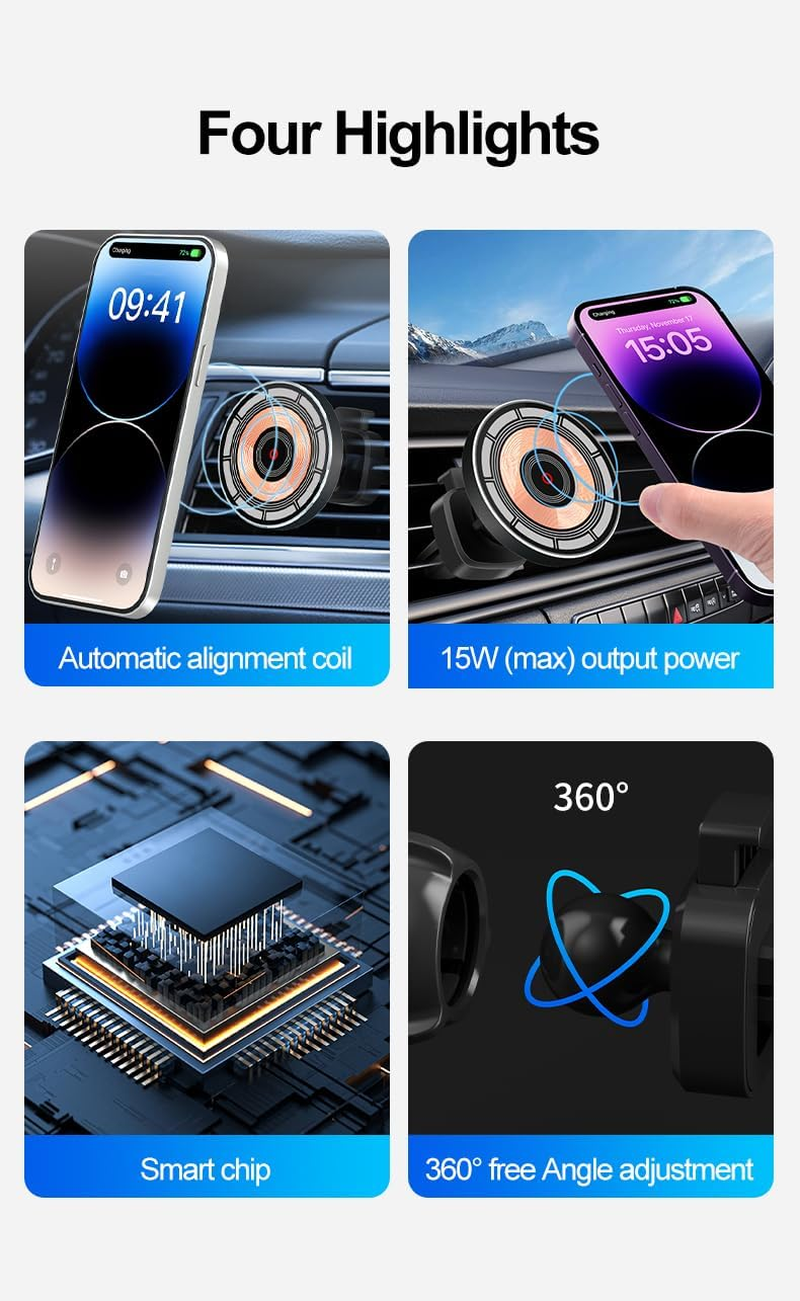 Magnetic Car Mount Wireless Charger for Iphone 12/13/14/15/16, 15W Fast Charging, Qi Compatible, Vent Mount image number 1