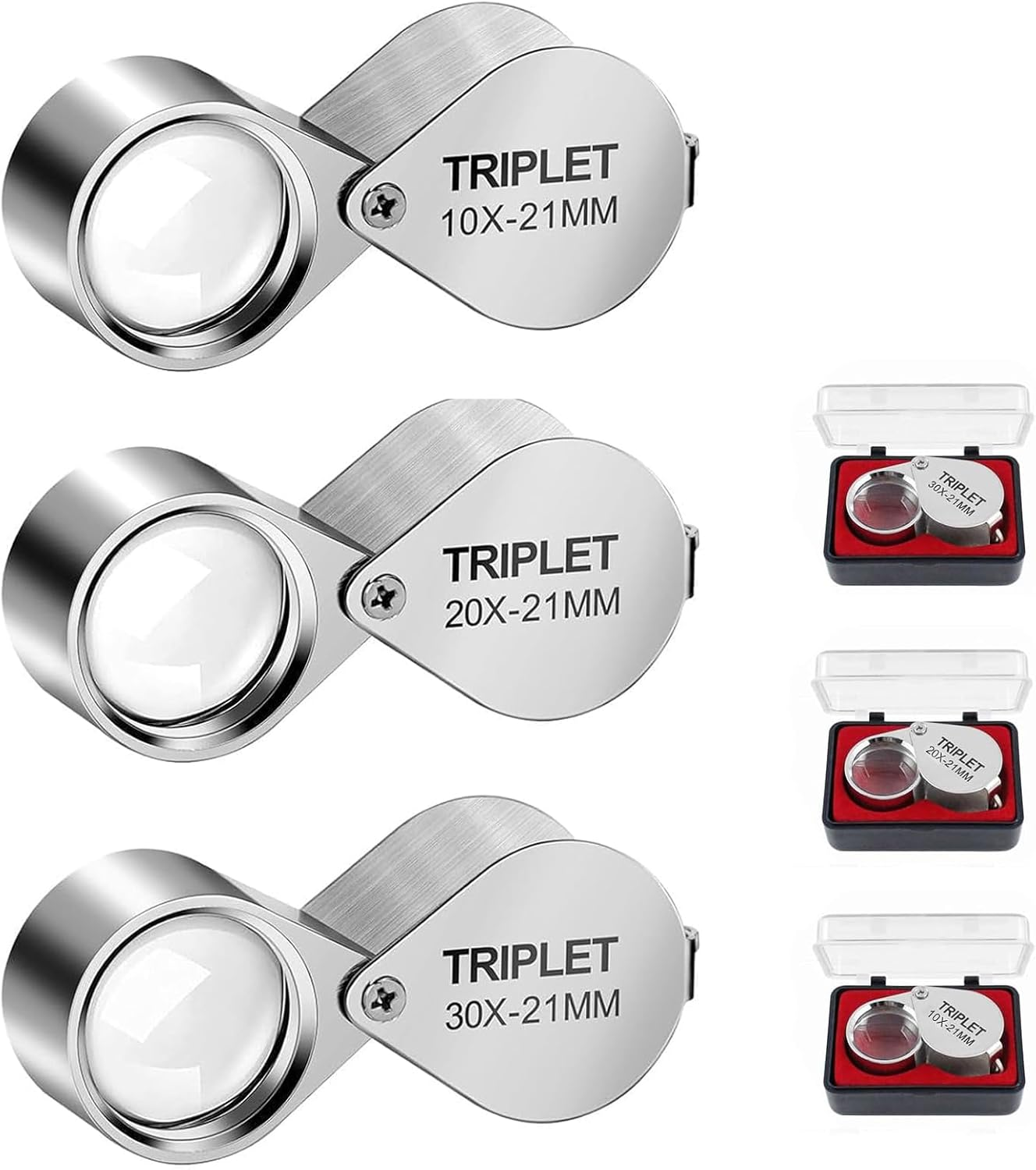 3 Pcs Jewellers Loupe, 10X, 20X and 30X Magnifier, Loupe Magnifier, Folding Handheld Magnifying Glass for Jewelry Recognition, Scientific Documents, Newspaper and Book Reading image number 1