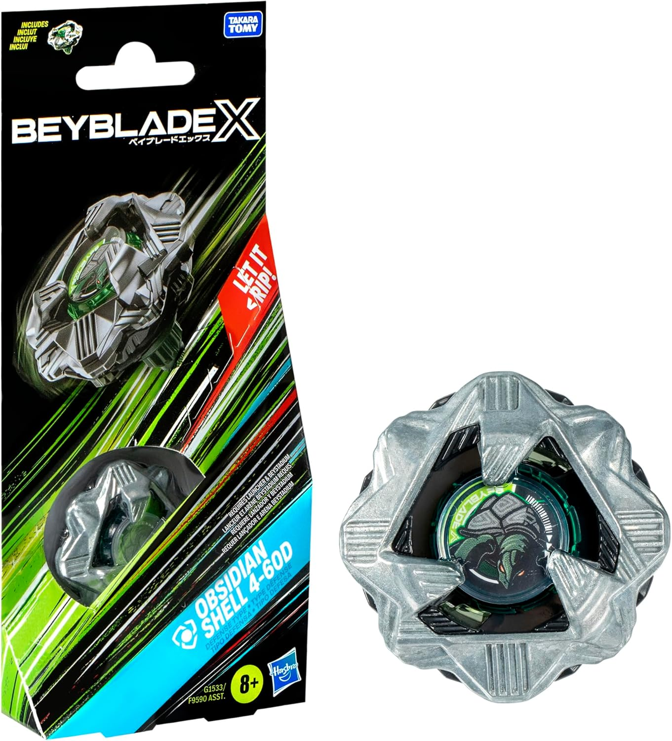 Beyblade X Obsidian Shell 4-60D Booster Pack Set with Defense Type Top; Authentic Takara Tomy Battle Tops Games/Toys for Boys and Girls 8+ image number 1