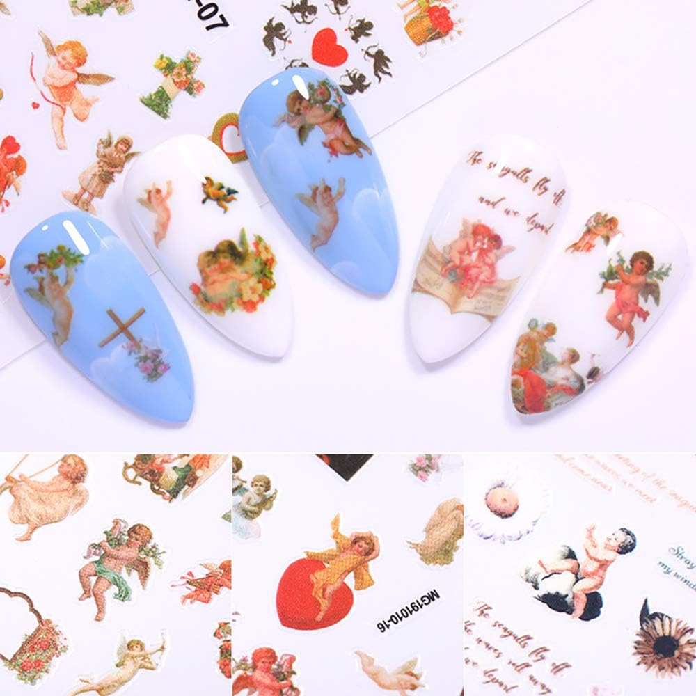 Angel Nail Stickers, 3D Self-Adhesive Baby Angels Nail Decals Baroque Flower Leaf Nail Art Stickers Colorful Mixed Angel Valentine'S Day Nail Decorations for Women Girls (4 Sheets) image number 1