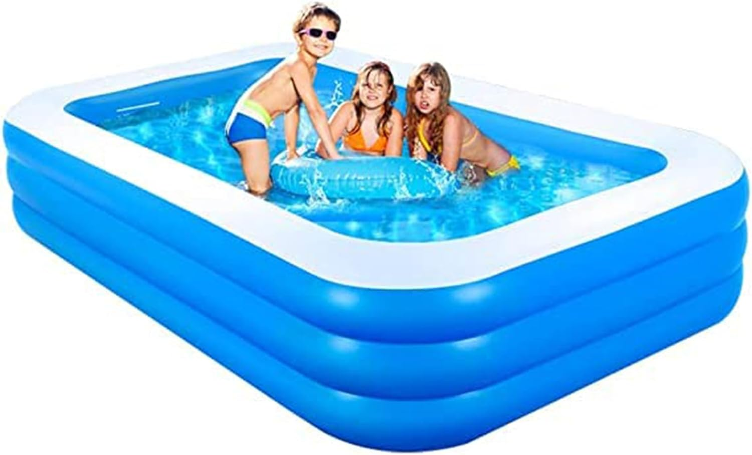 Kids Inflatable Playing Pool, 180Cm Kids Adult Family Rectangular Swimming Pool with Inflatable Soft Floor for Backyard, Garden, Indoor (Blue) image number 5