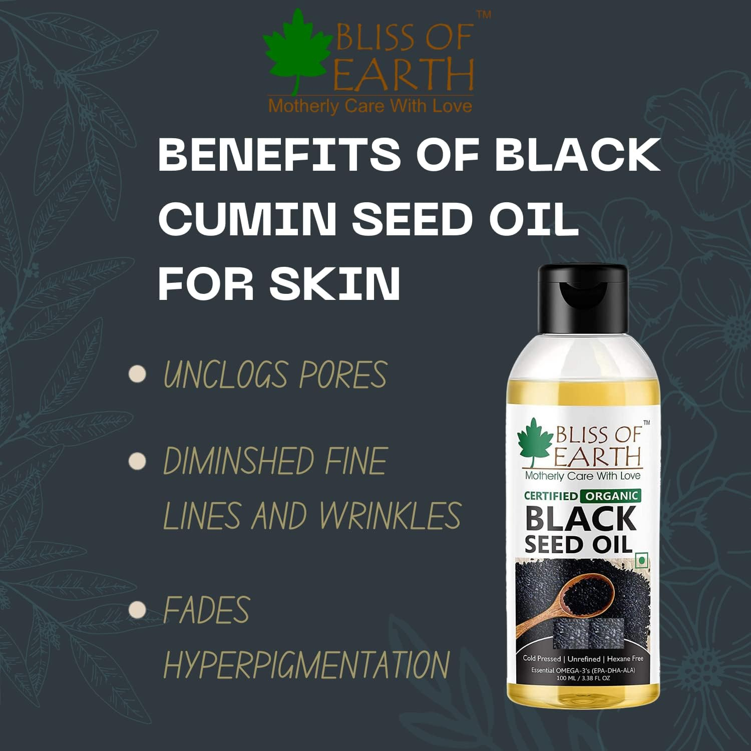Bliss of Earth Black Seed Oil Organic Cold Pressed for Hair Skin, Edible Black Seed Kalonji Oil, Rich in Nutrients and Antioxidants, 100Ml image number 3