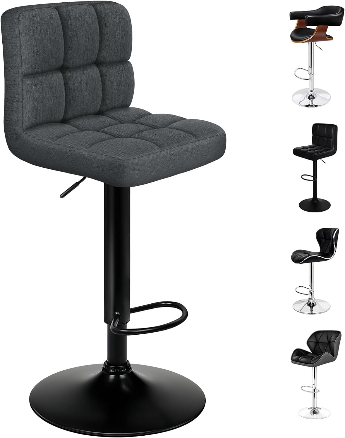 ALFORDSON Bar Stool Set of 2 Adjustable Kitchen Stools Ralph Swivel Counter Barstools Fabric Dining Chair in 62-83Cm Seat Height with Floor Protector for Home Bar Dining Room (Dark Grey) image number 4