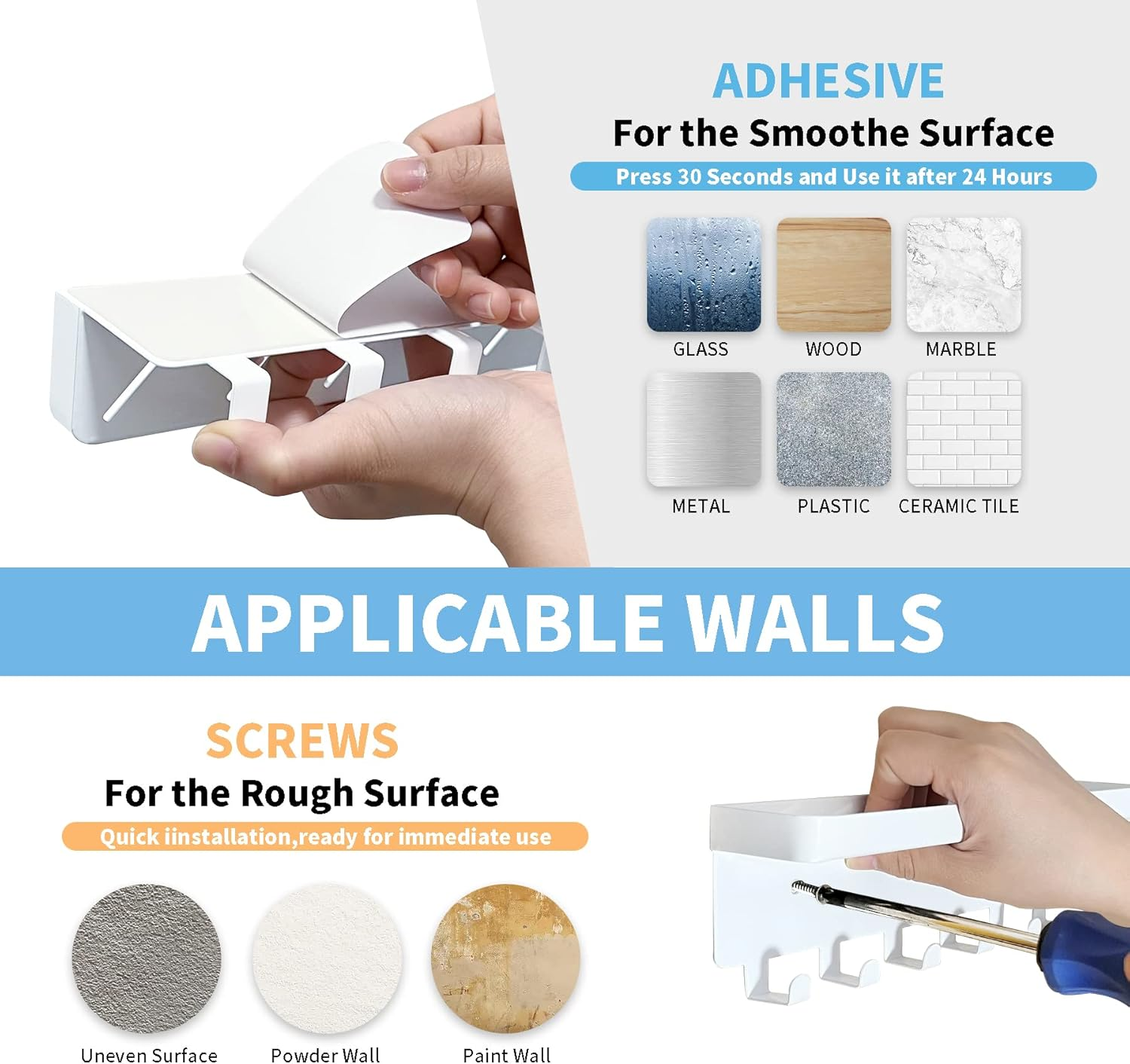 GTK Key Holder for Wall, Key Hooks with Tray and 6 Hooks, Wall Mounted Key Holder for Hallway, Key Rack with Shelf for Mail Storage (White) image number 6