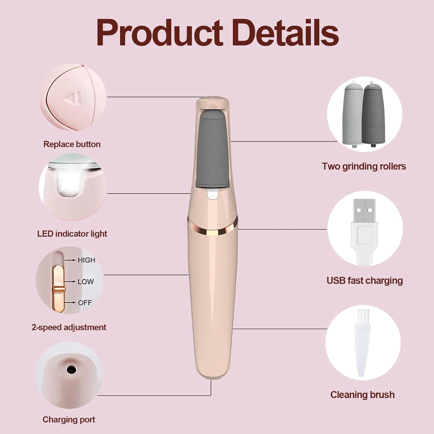 Trrtdo Electric Foot File Callus Remover for Feet - Rechargeable Electric Callus Shaver Foot Exfoliator Tool Pedicure Kit to Remove Dry Dead Skin Smoother Feet (Pink) image number 6