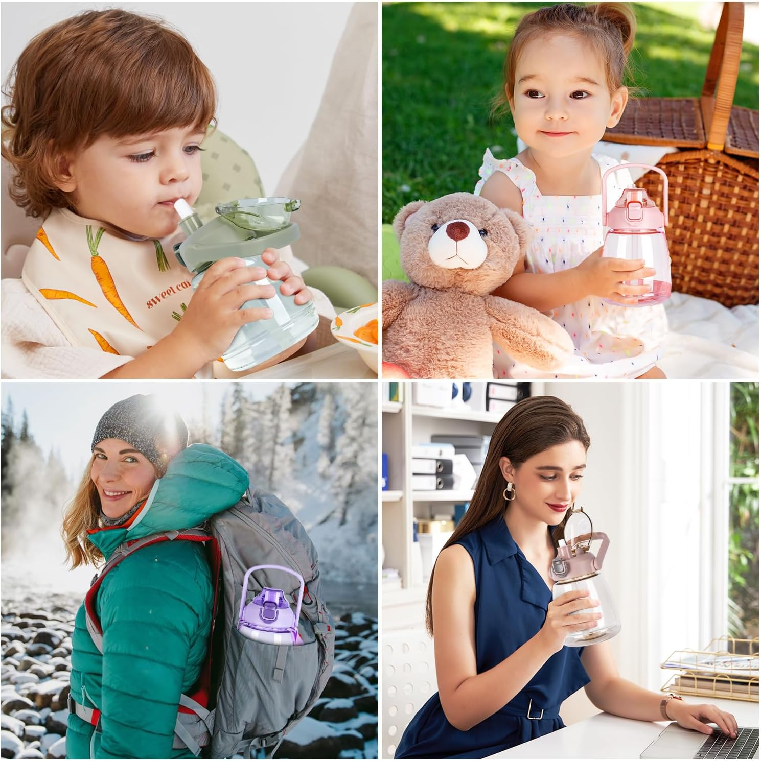 YOBOKO 1.1L Large Water Bottle Lovely Wide Mouth Drink Bottle with Handle Leak Proof Big Bottle with Straw and Adjustable Strap for Camping Cycling Gym Sports 1 PC (Purple) - Green image number 4