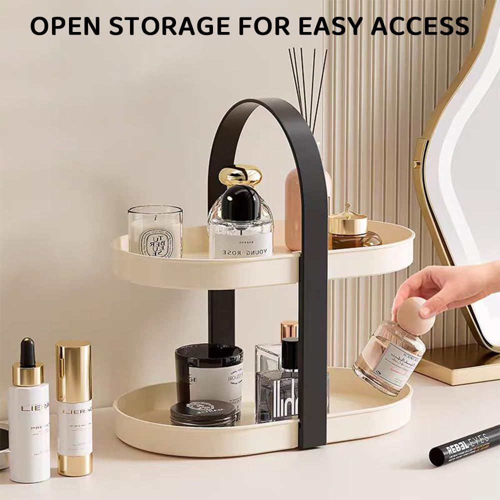 Ranqisys Double-Layer Oval Cosmetic Storage Rack, Plastic Vanity Organizer for Skincare, Perfume & Jewelry, Portable Countertop Makeup Shelf with Handles, Space-Saving for Bathroom, Bedroom, or Office image number 2