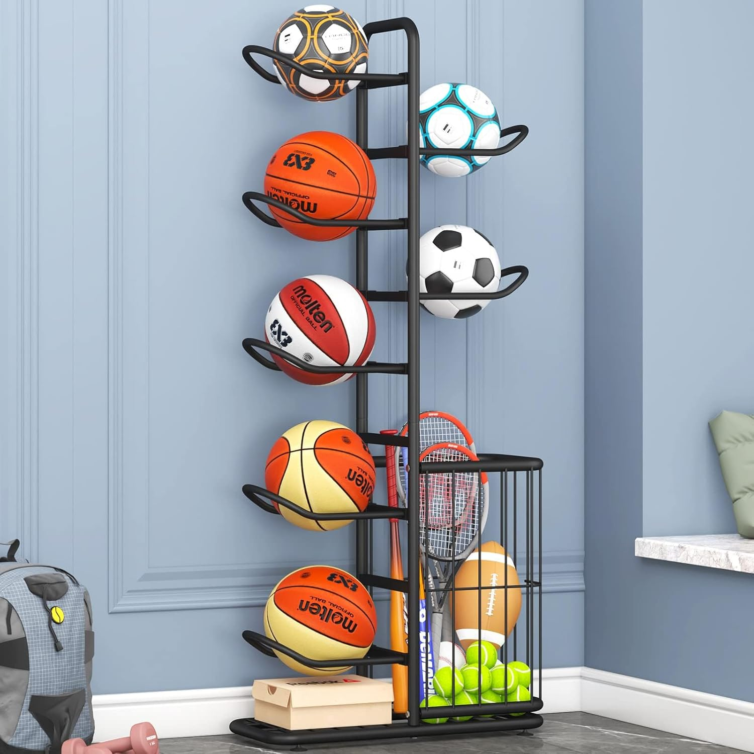 Ball Storage Rack, Football Stand, Ball Storage Garage, Ball Holder, Sports Equipment Storage for Garage, Basketball Organizer Rack with Basket, Toy/Sports Gear Storage Indoor (7 Balls with Basket) image number 6