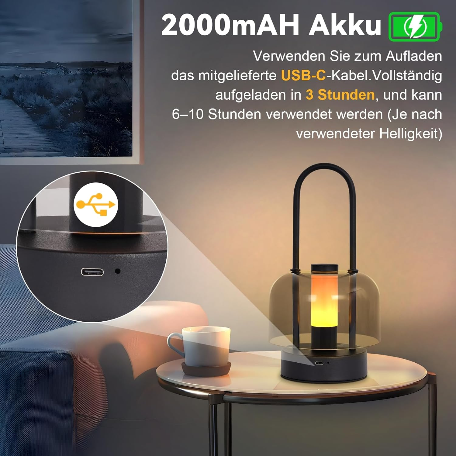 Homefire Table Lamp Battery LED Portable Table Lamp - Wireless Bedside Lamp Dimmable 1800 K - 6500 K with Memory Function USB-C Rechargeable Touch Lamp for Indoor and Outdoor Use Black image number 1