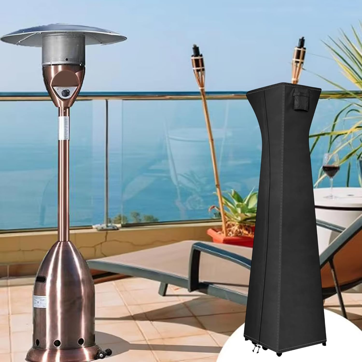 Pyramid Heater Cover,With Zipper Heavy Duty 420D Dust-Proof Protector - outside Stand up Patio Heater Cover - for Lawn Deck Backyard Garden Yard - White On Black image number 4