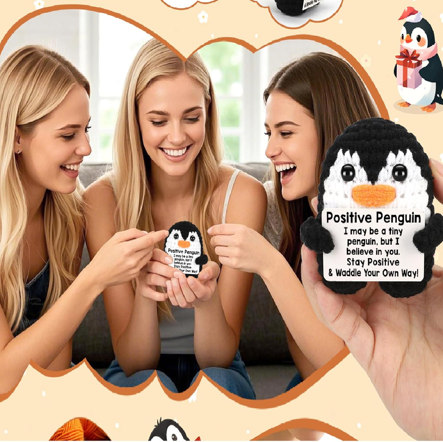 Positive Penguin Funny Gifts,Mini Funny Positive Crochet Penguin,Desk Decoration Crochet Birthday Gifts for Mom Best Friend Coworkers Teens Inspirational Support for Graduation Appreciation Cute Decor image number 1