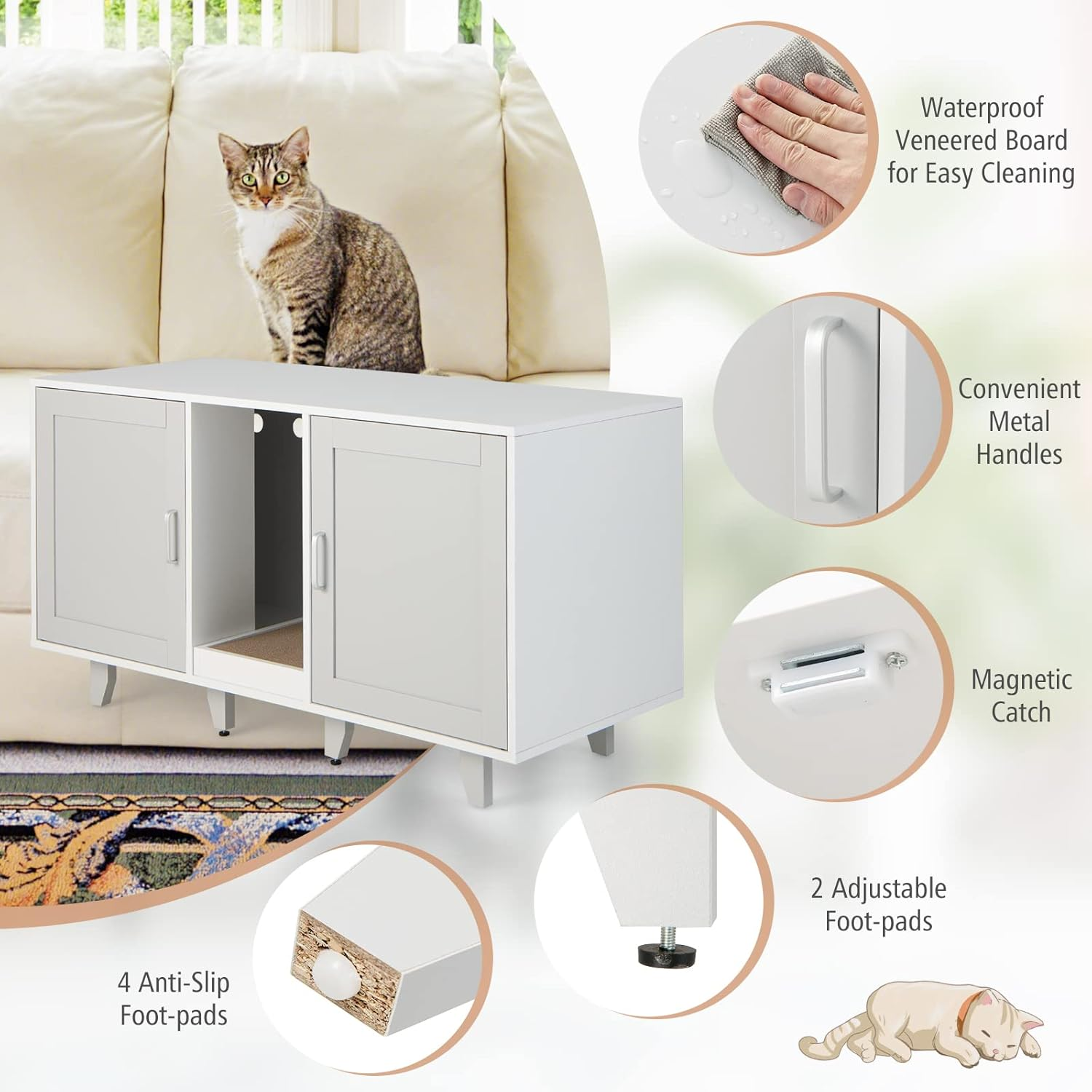 Costway Cat Litter Box Enclosure Bench, Hidden Cat Box Washroom W/Doors, Removable Scratch Box, Water & Scratch-Proof, Cat Washroom House End Table for Indoor Cat image number 5